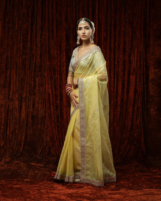 Light Yellow & Powder Blue Saree & Blouse Set