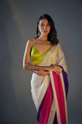 Load image into Gallery viewer, Hot Pink ,Purple And Light Gold Block Saree In Tissue Wih Lime Green Embroidered Blouse
