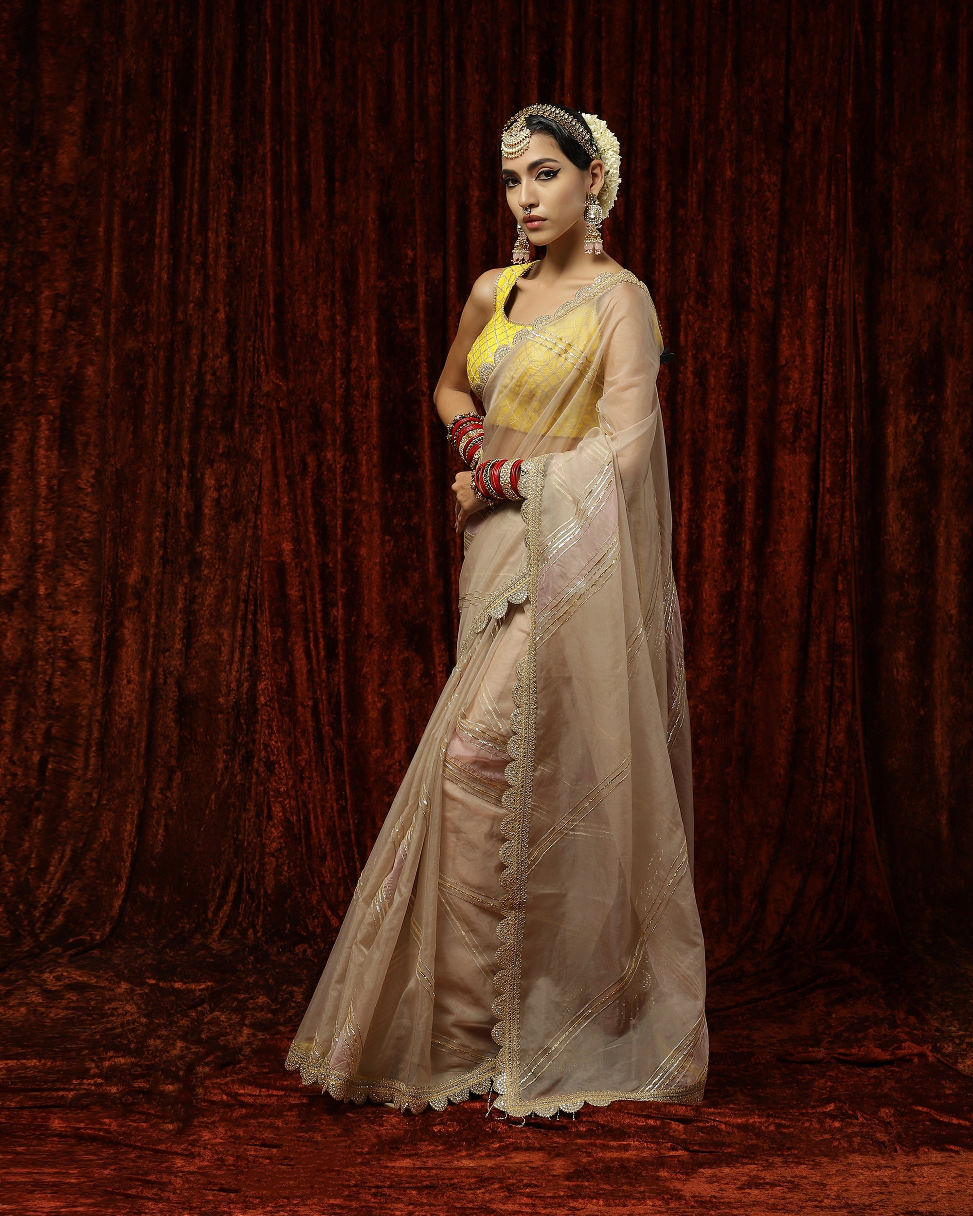 Light Gold Pink & Yellow Saree & Blouse Set