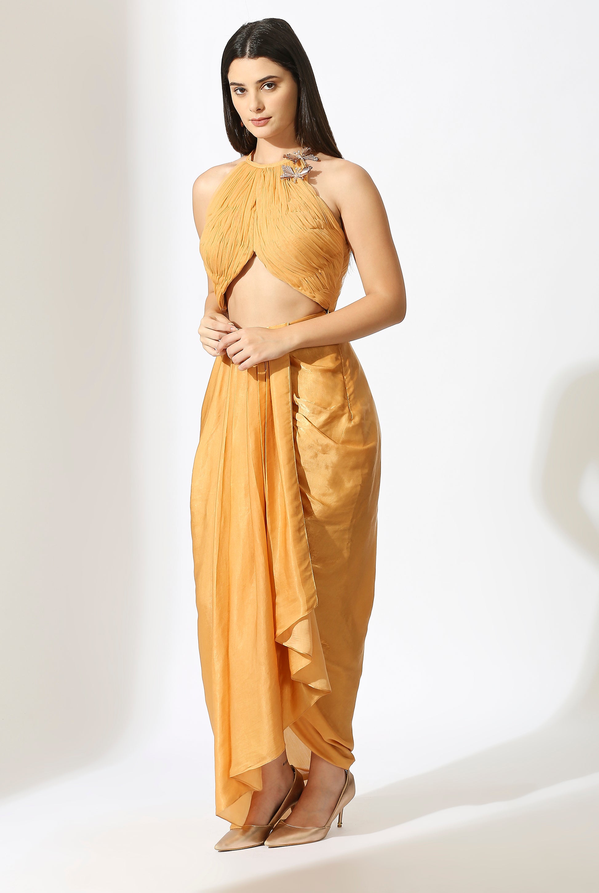 Mustard Embroidered Skirt Set With Drape