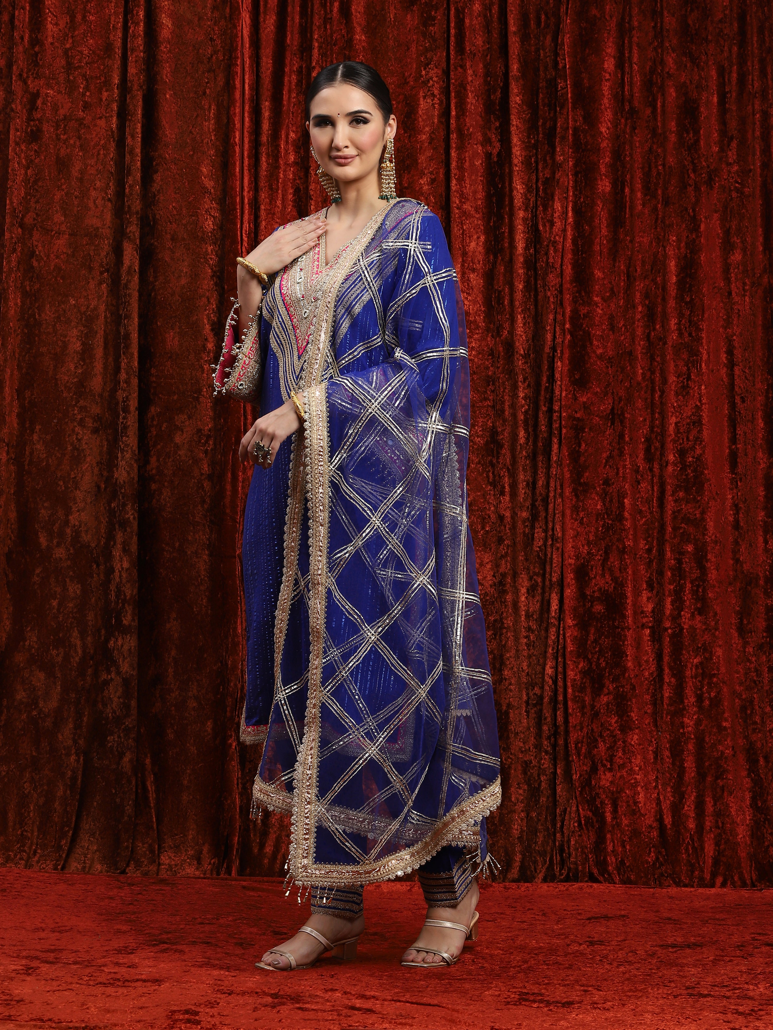 Electric Blue & Rani Kurta Pant Dupatta Set