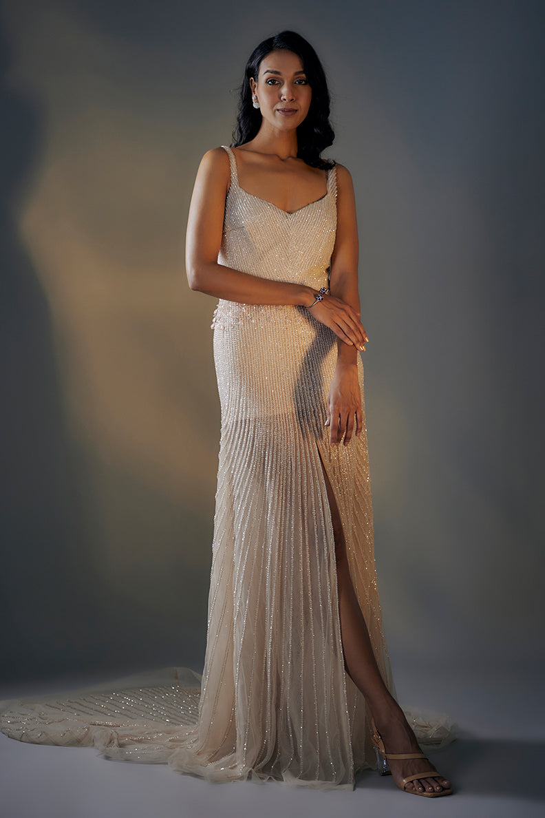 Beige Embroidered Trail Gown With Slit