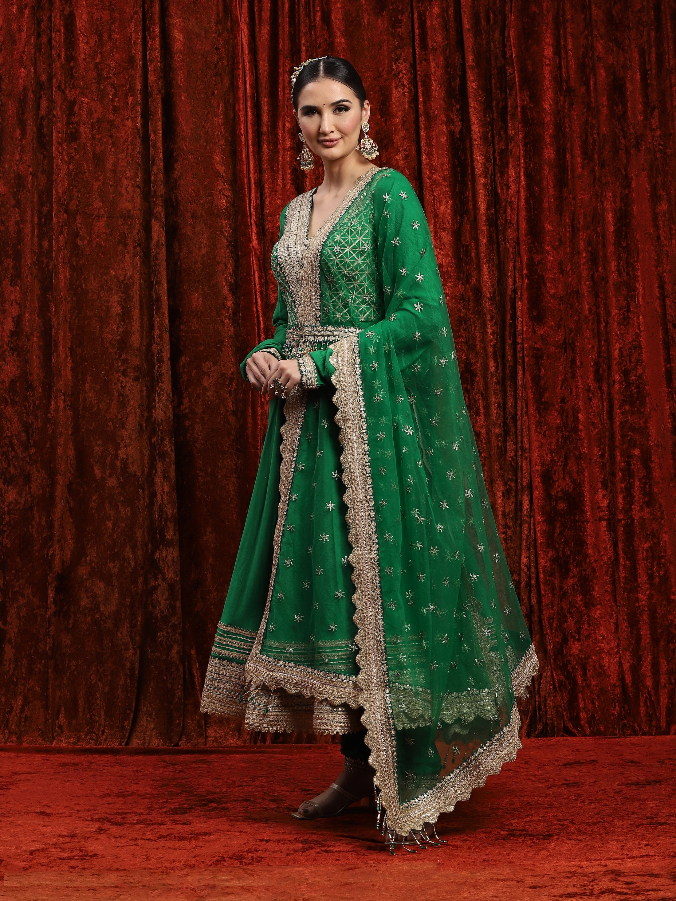 Emerald Green Silk Chanderi Anarkali Suit