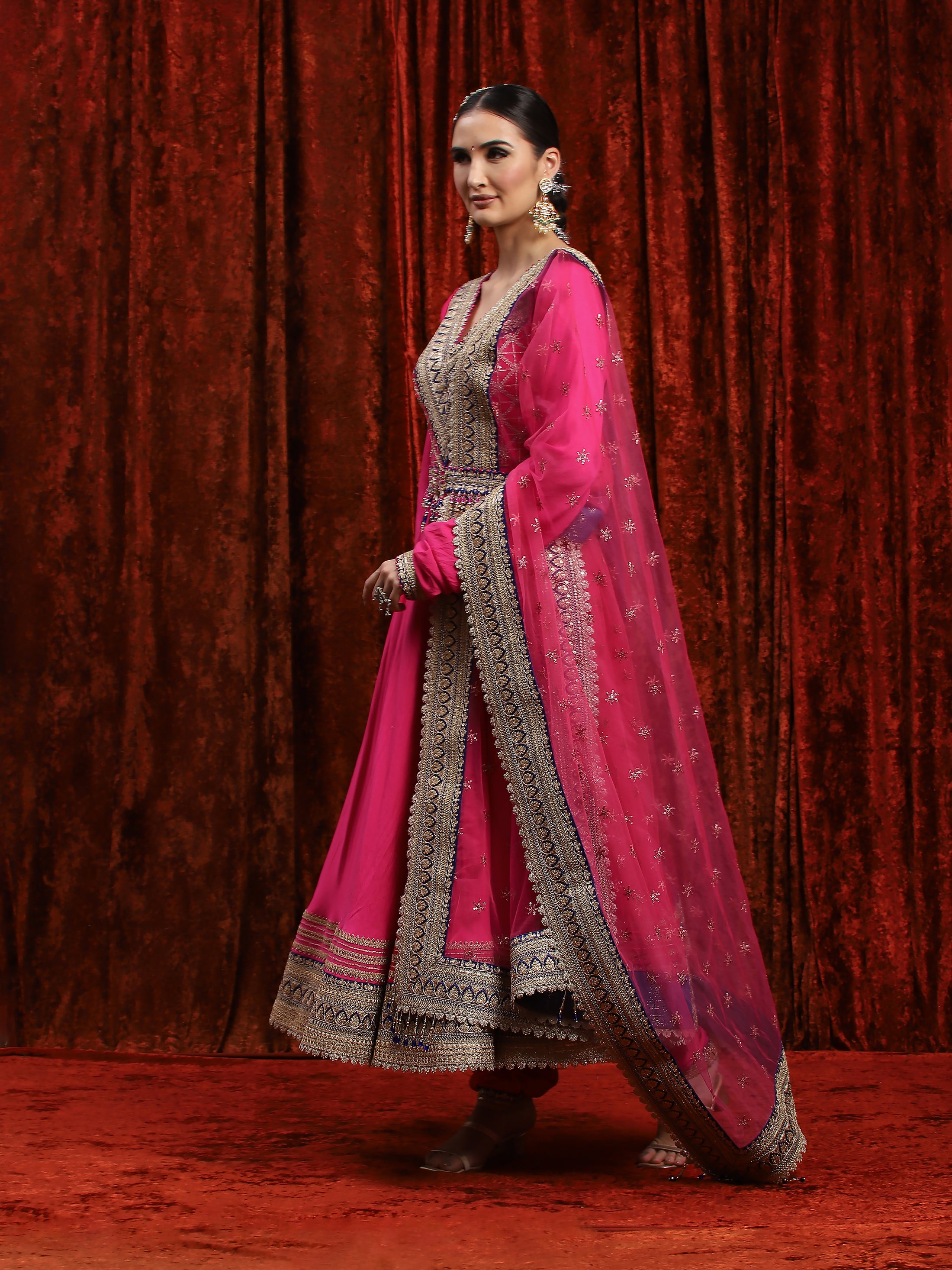 Rani Pink & Electric Blue Silk Chanderi Anarkali Suit