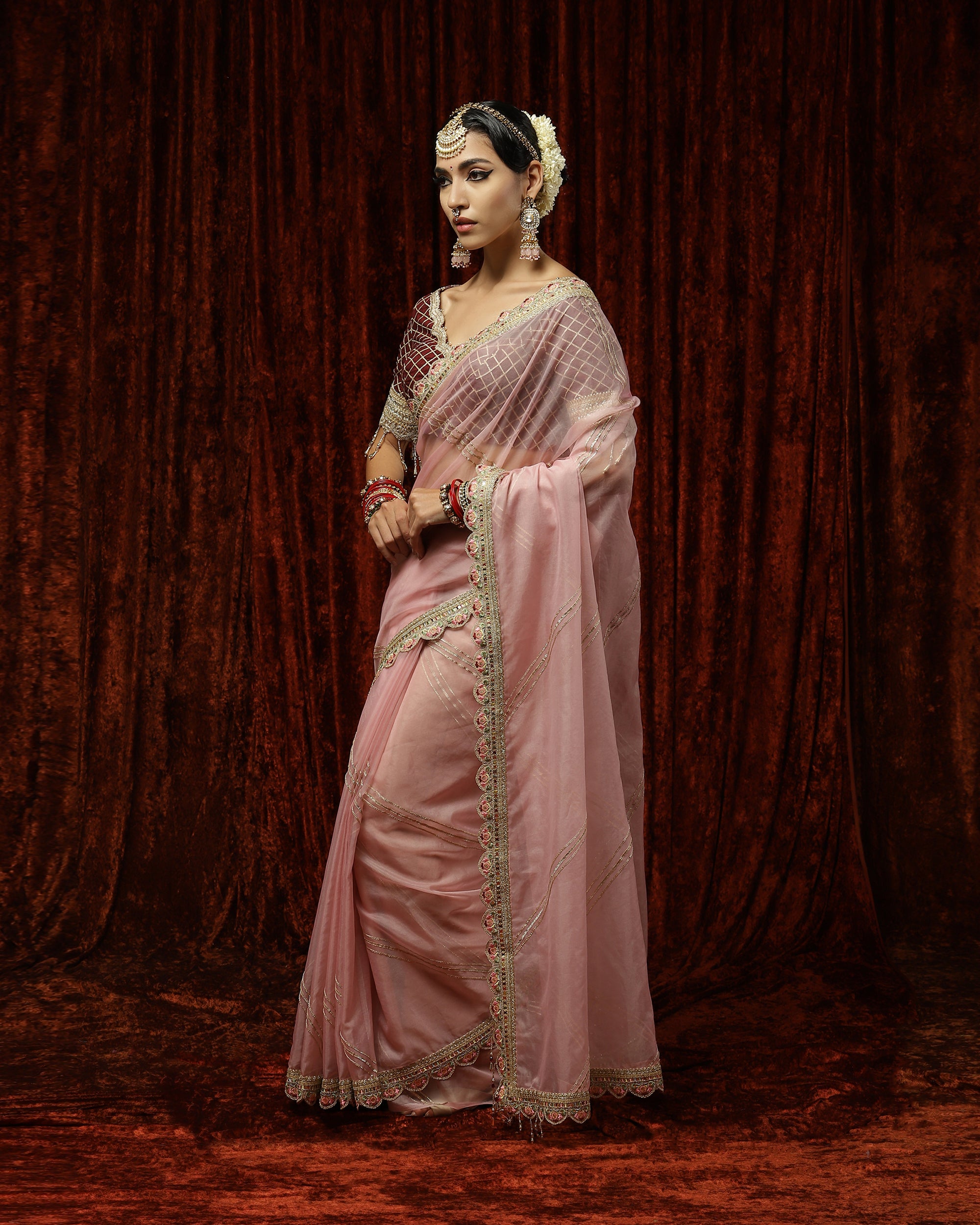 Old Rose & Maroon Saree & Blouse Set