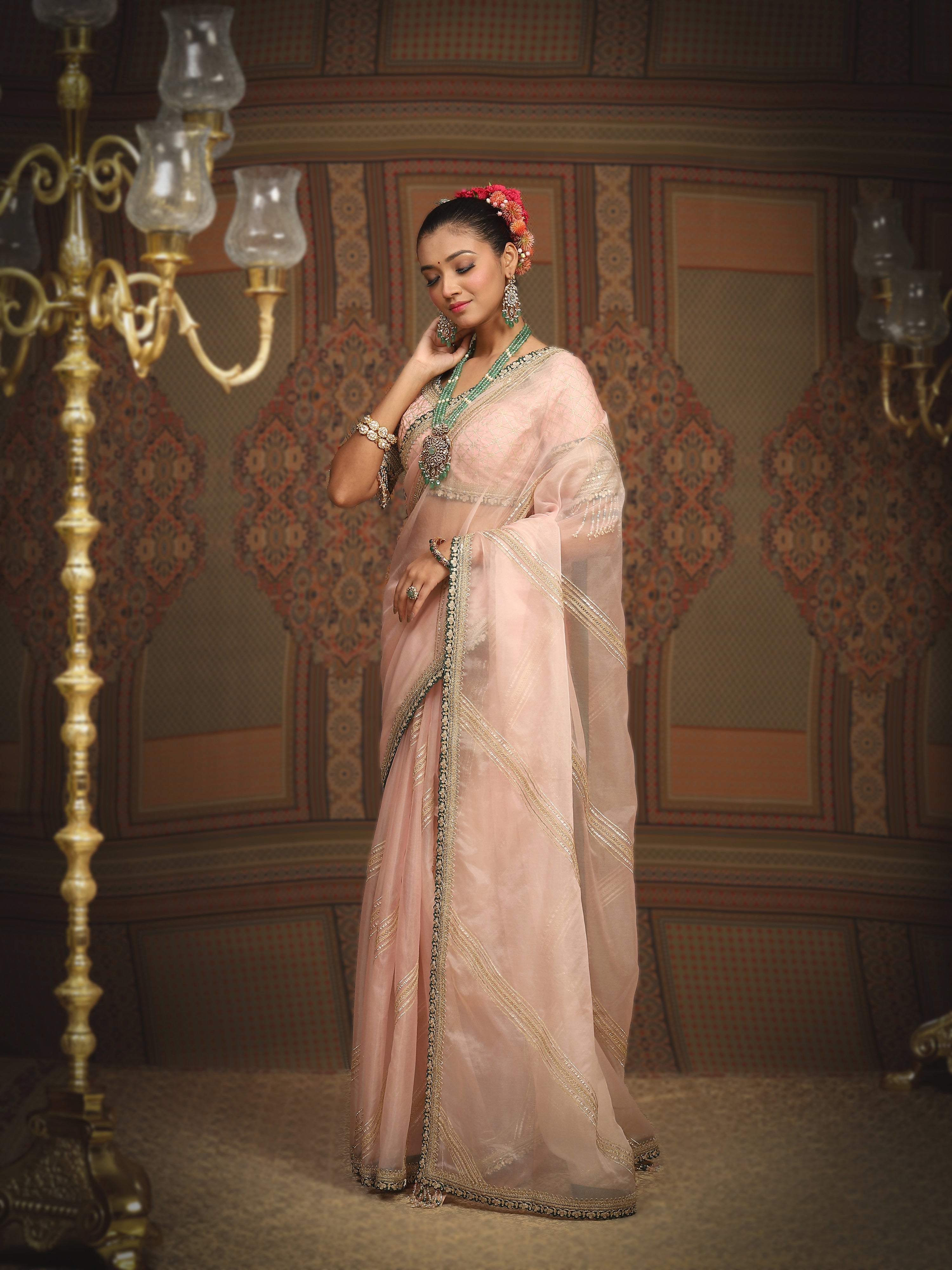 Baby Pink And Emerald Green Saree & Blouse Set