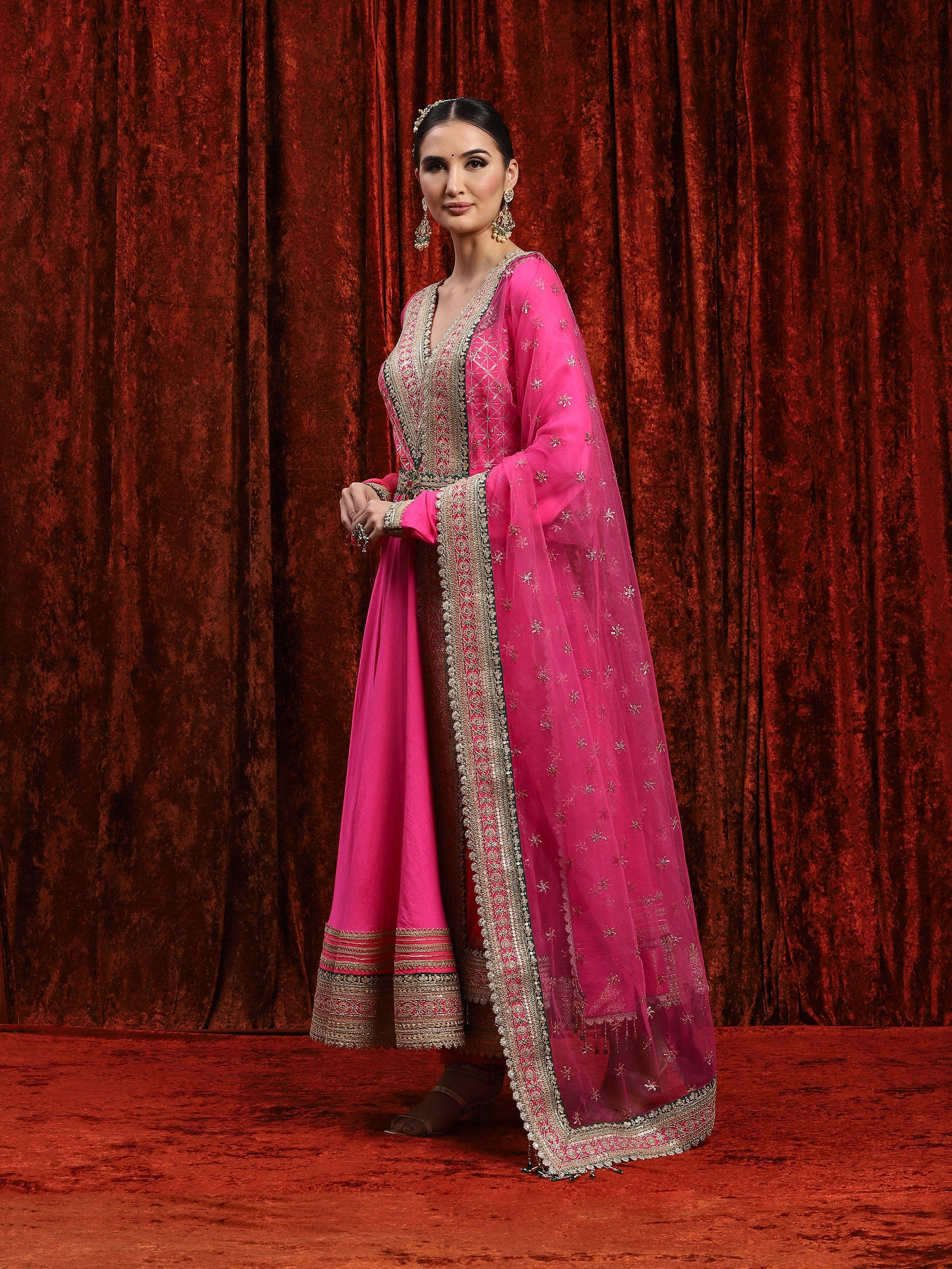 Kush Pink & Green Silk Chanderi Anarkali Suit