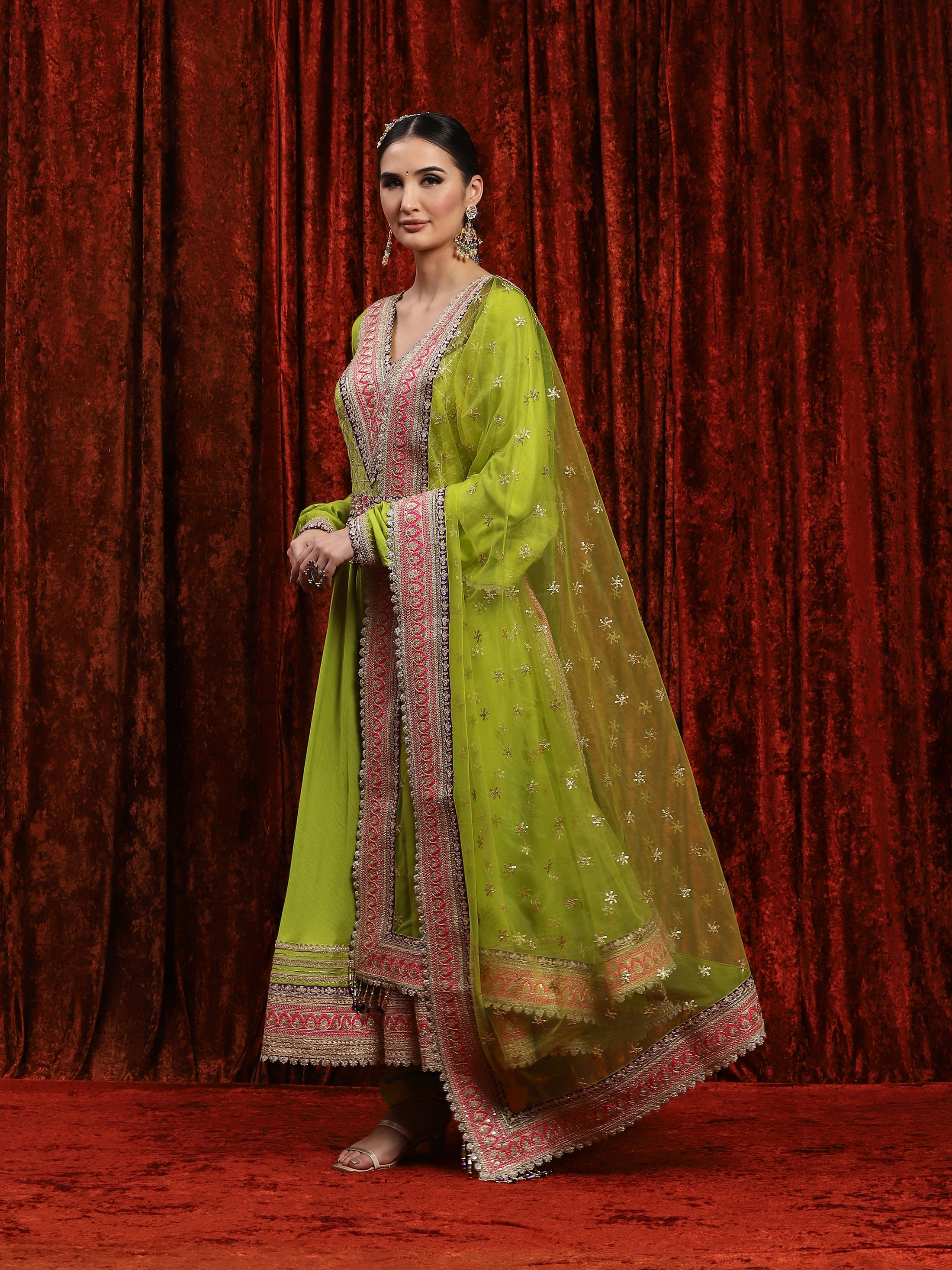 Dark Lemon Green Rani Pink & Purple Silk Chanderi Anarkali Suit