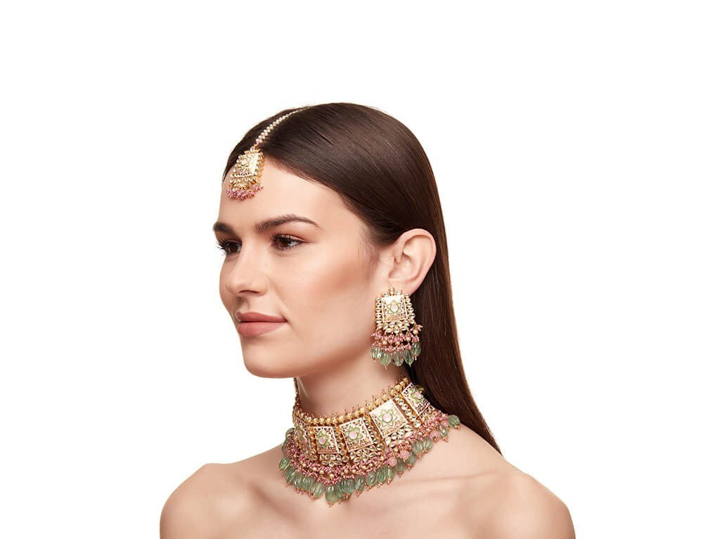 Baby Pink Meenakari Choker Set With Tikka