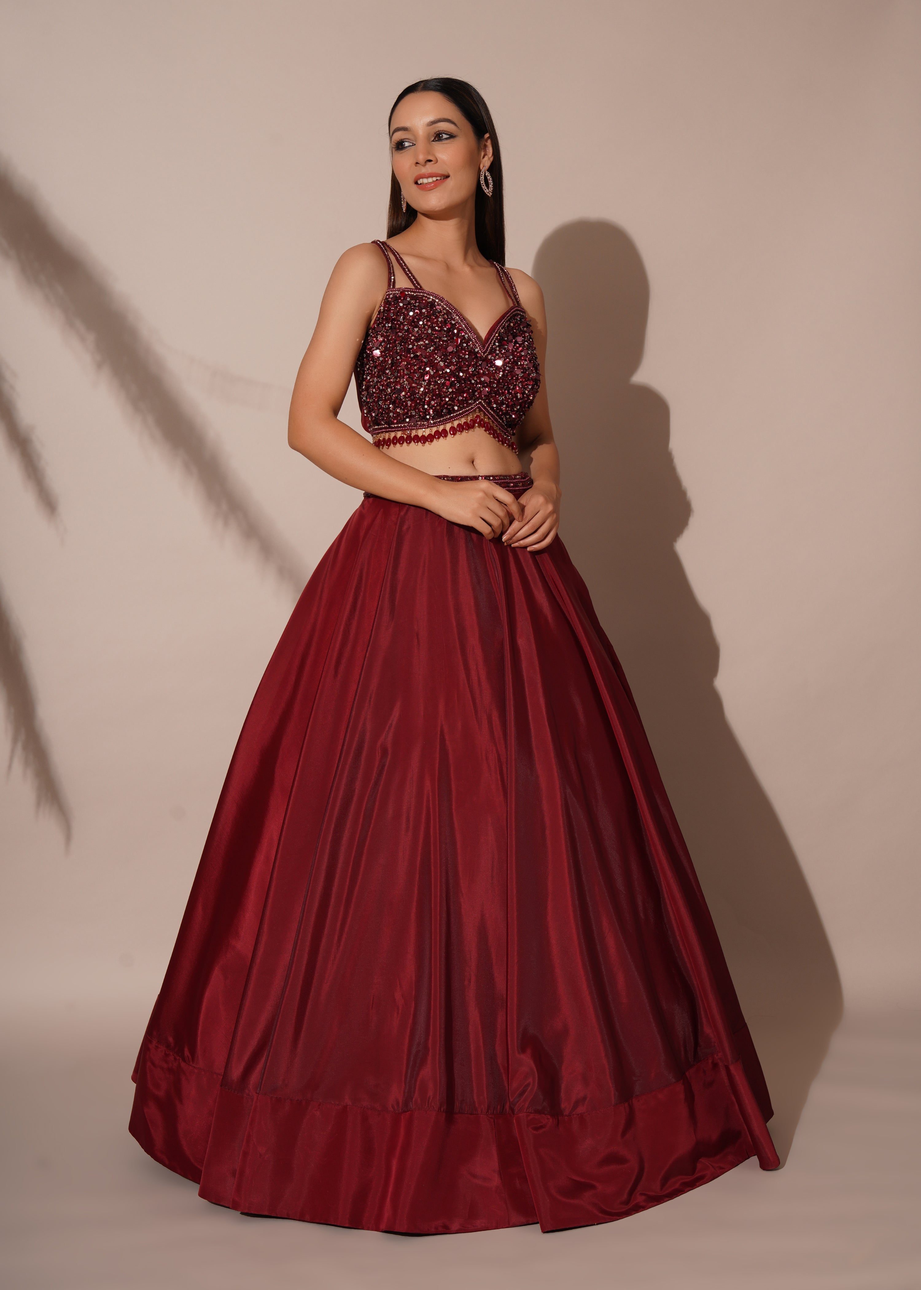 Sequins Detailed Maroon Lehenga Set