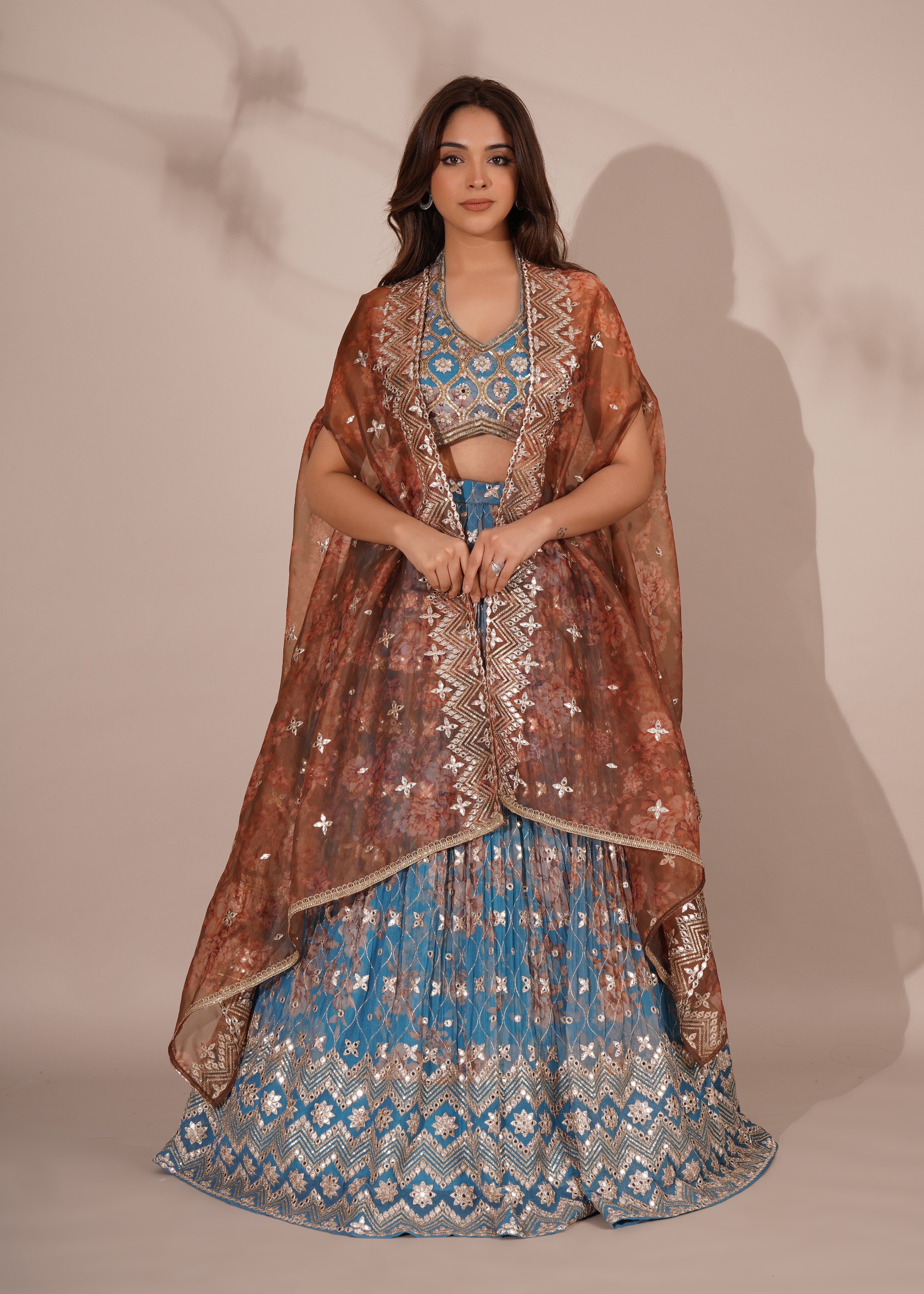 Mirror Detailed Printed Blue Lehenga Set