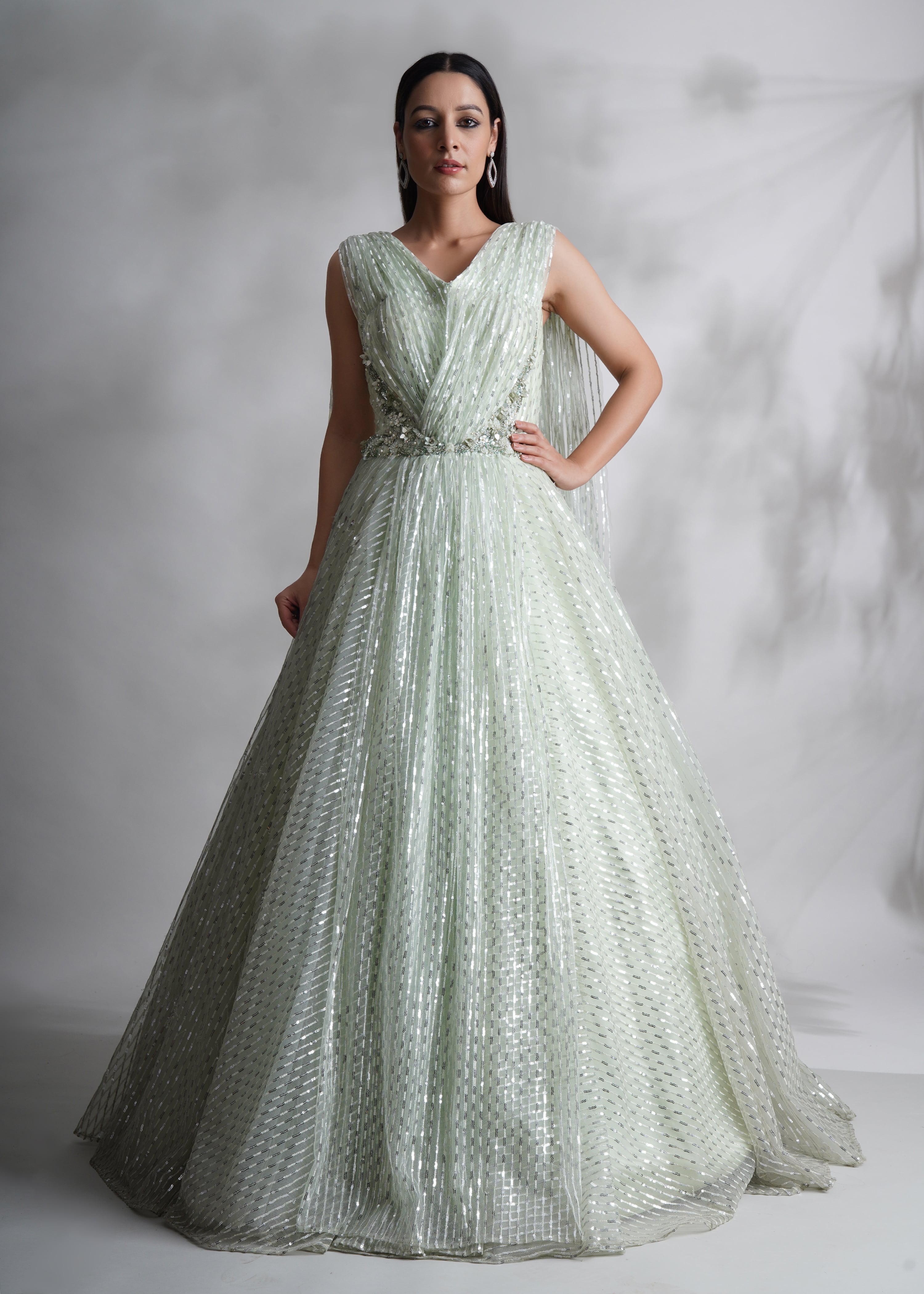 Sequins Detailed Green Gown