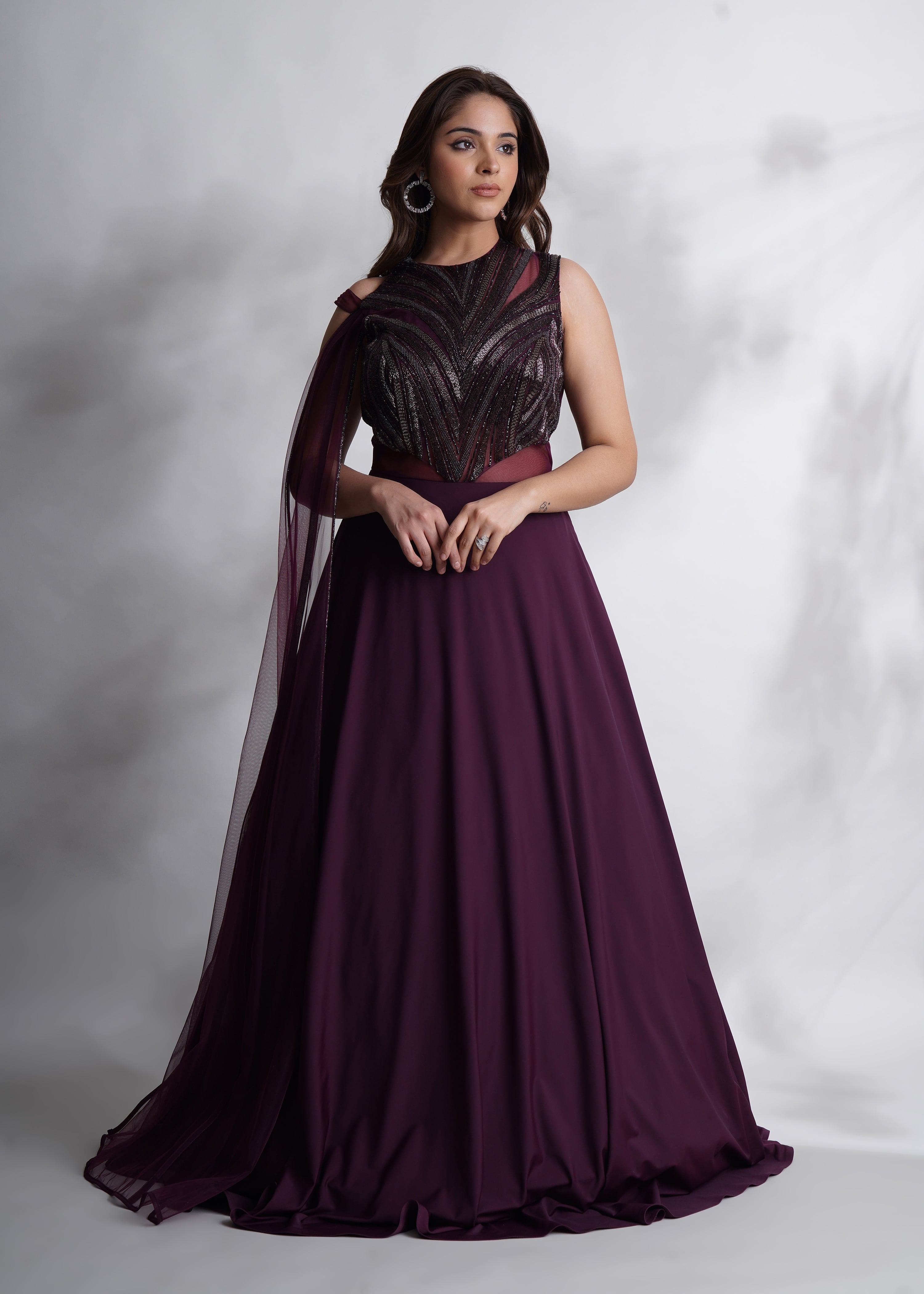 Beads Embroidered Burgundy Gown