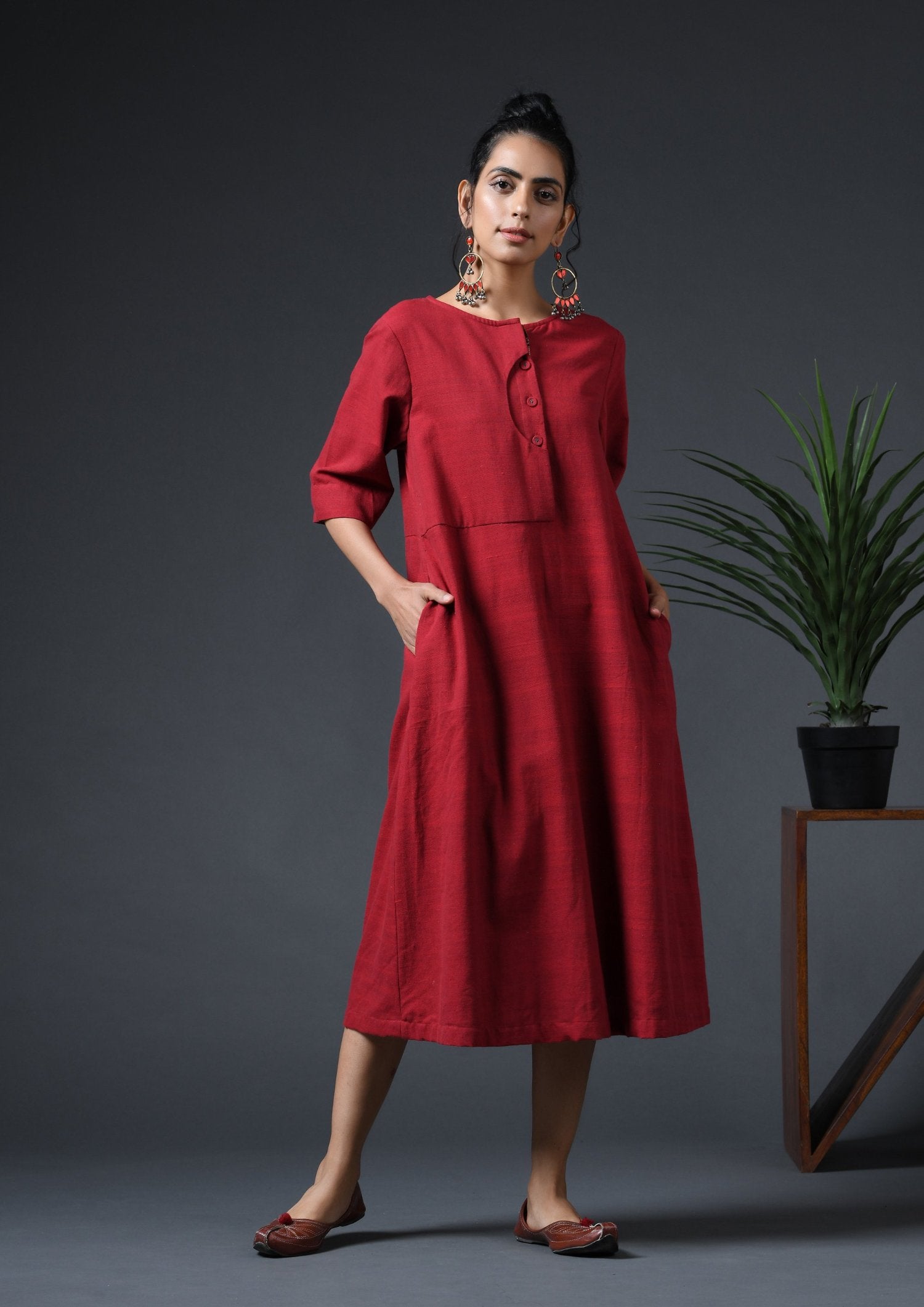 Scoop Placket Dress-Red