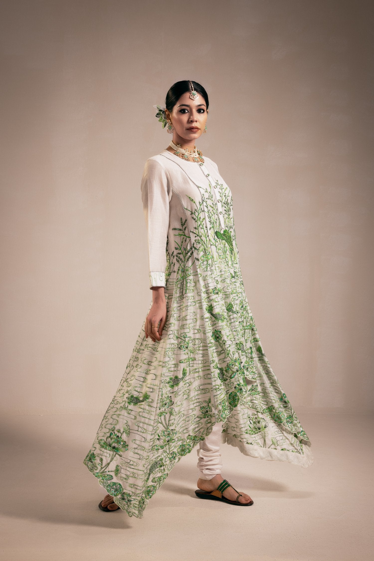 Green Chanderi High Low Anarkali With Churidar