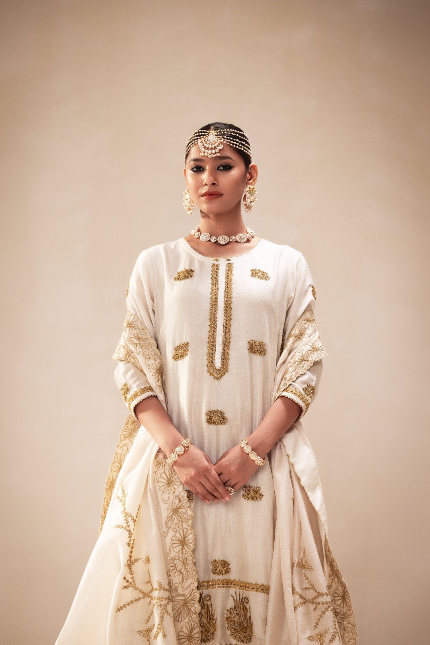 Ivory Lucknowi Style Kurta With Gold Embellishment