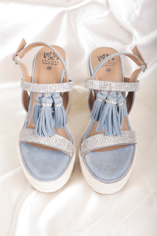 Blue Wedges With Tassels And Covered With Jute
