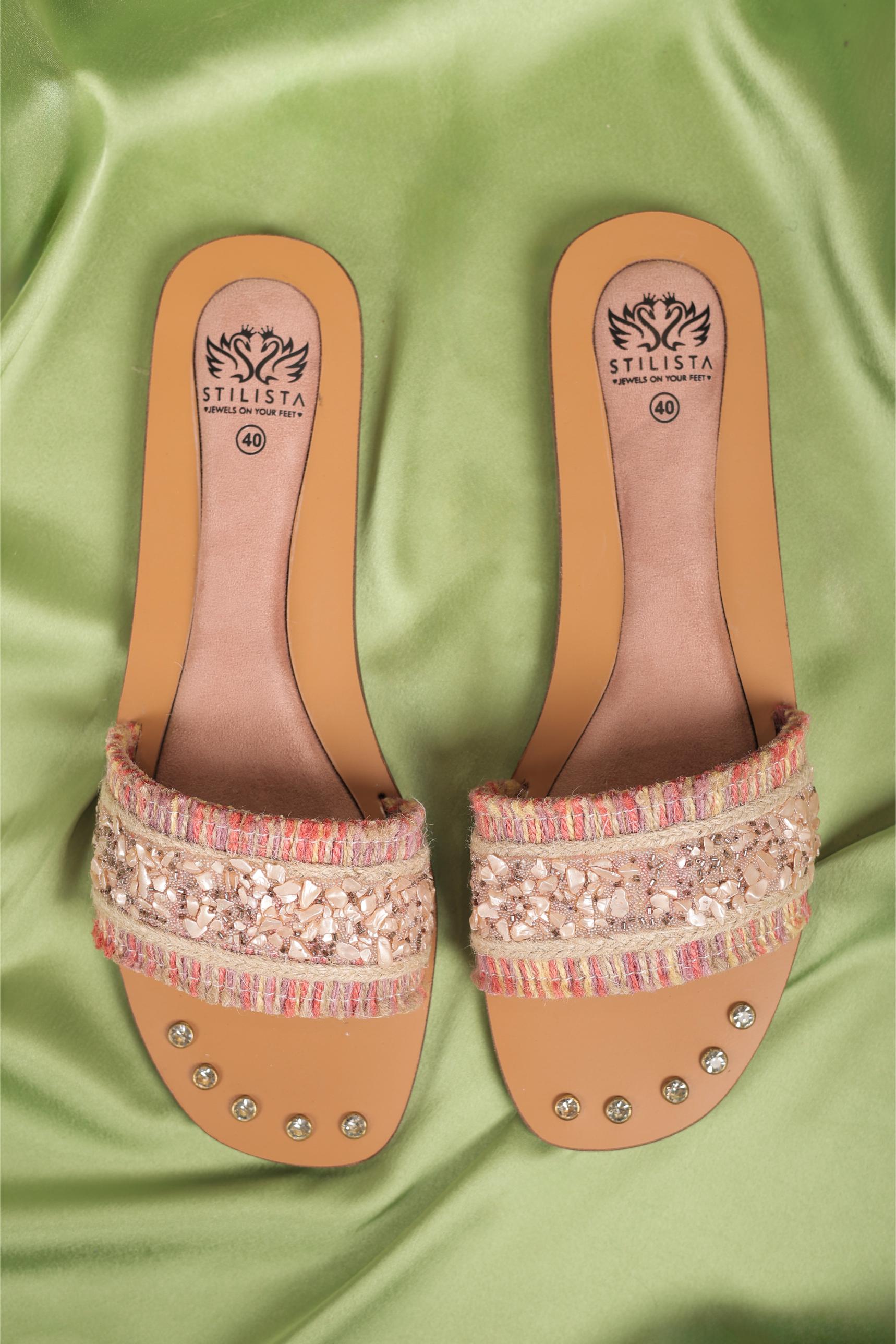 Peach Strap Embellished Slides in round toe flats