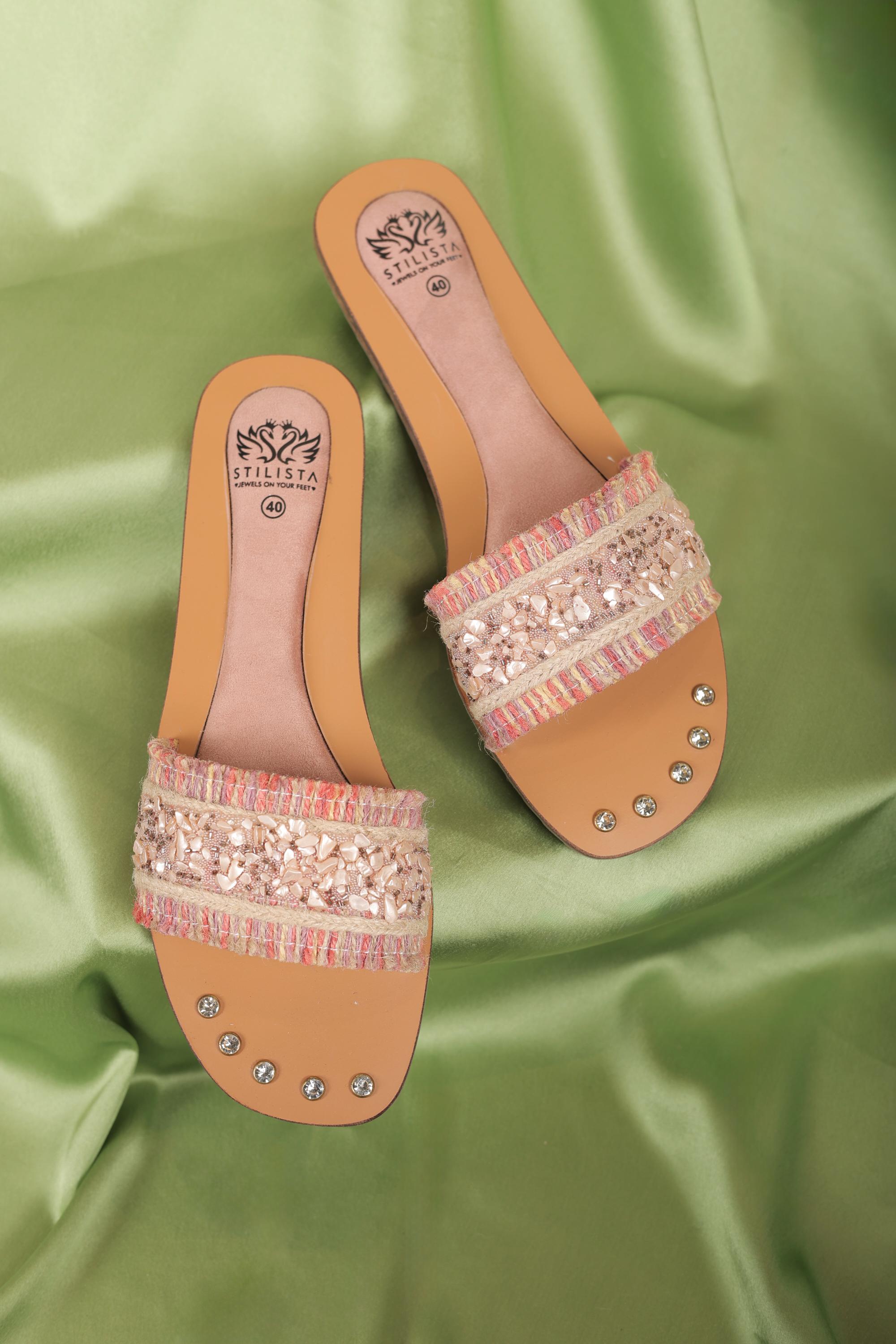 Peach Strap Embellished Slides in round toe flats