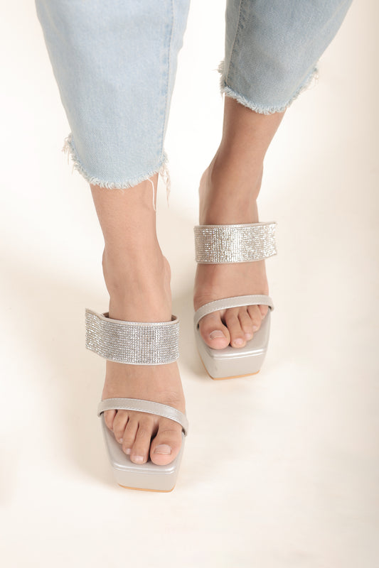 Double Strap Silver Wedges Studded With Stones