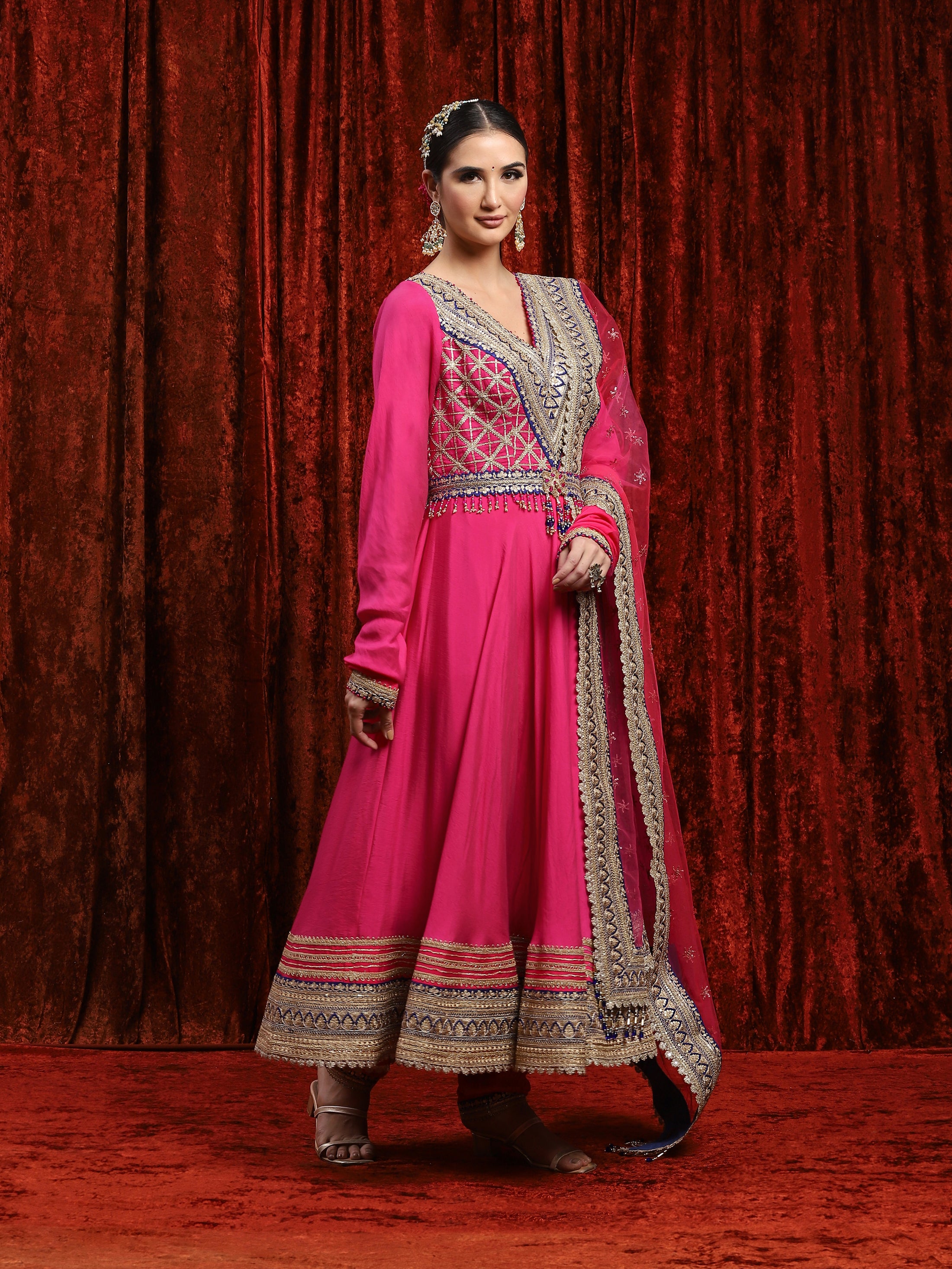 Rani Pink & Electric Blue Silk Chanderi Anarkali Suit