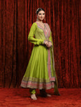 Load image into Gallery viewer, Dark Lemon Green Rani Pink & Purple Silk Chanderi Anarkali Suit
