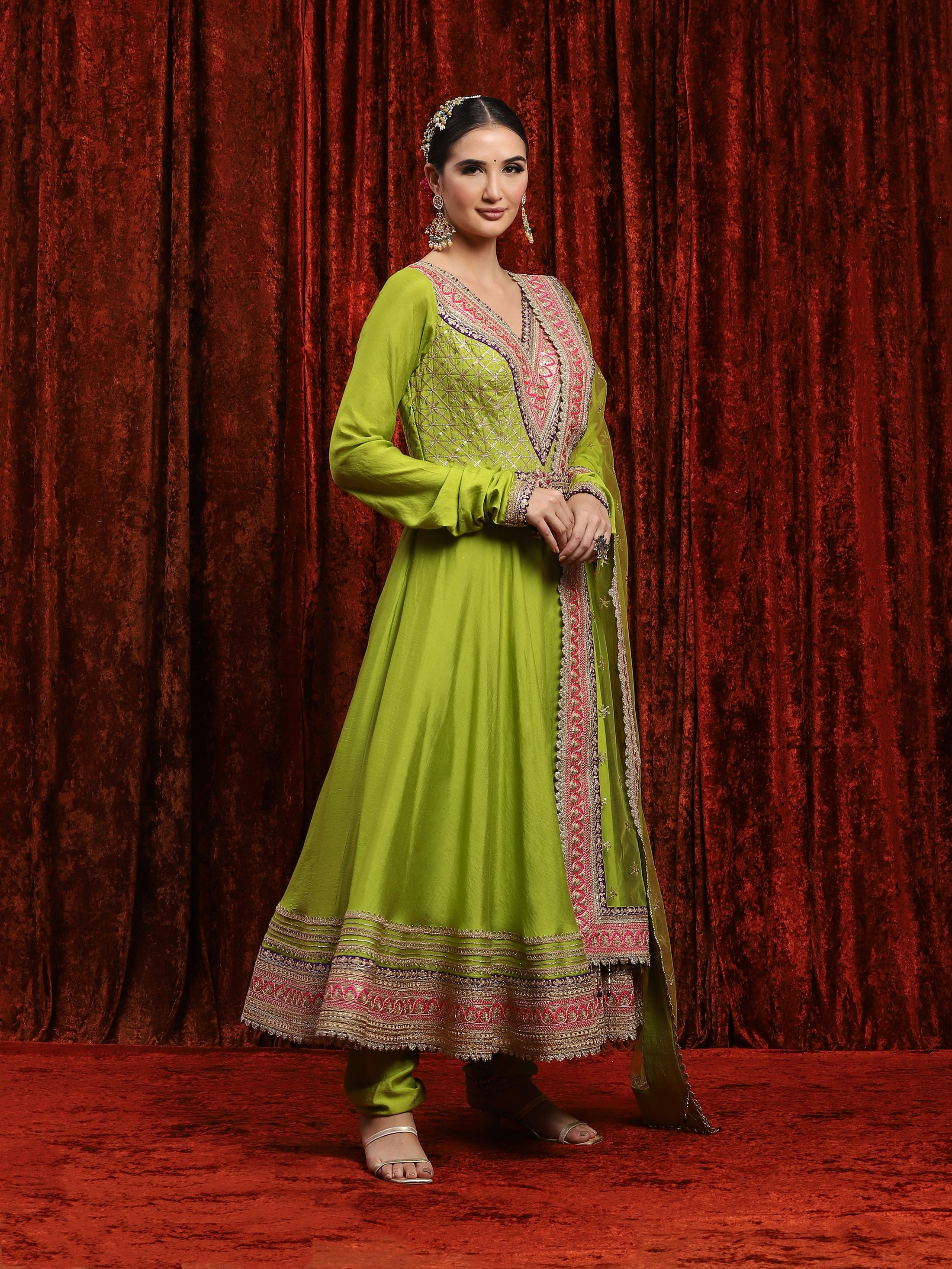 Dark Lemon Green Rani Pink & Purple Silk Chanderi Anarkali Suit