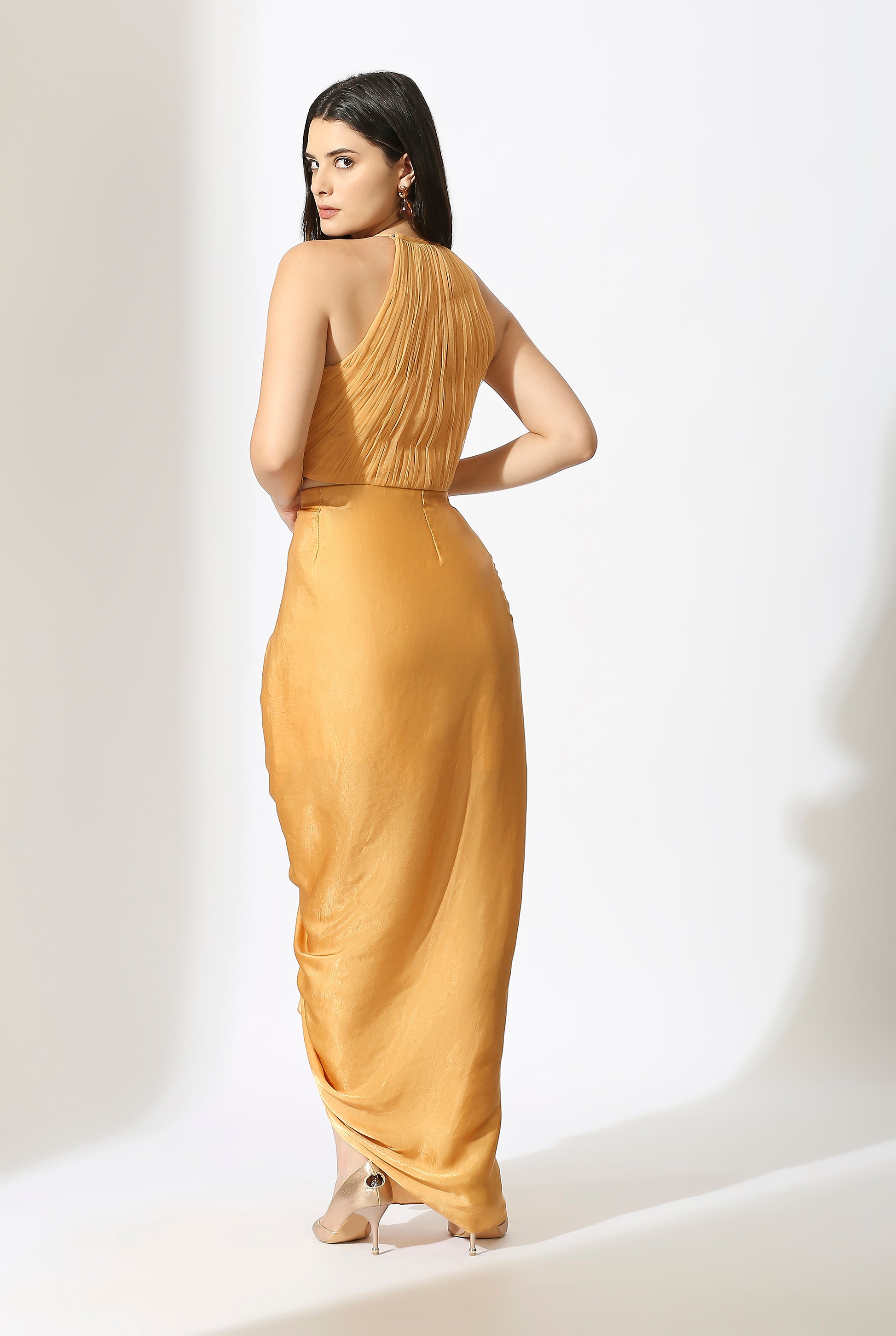 Mustard Embroidered Skirt Set With Drape