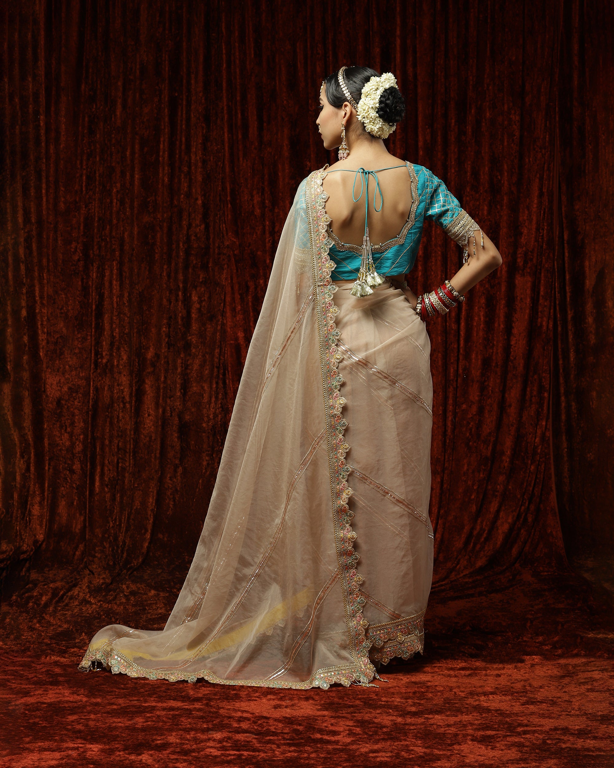 Mouse & Turquoise Saree & Blouse Set