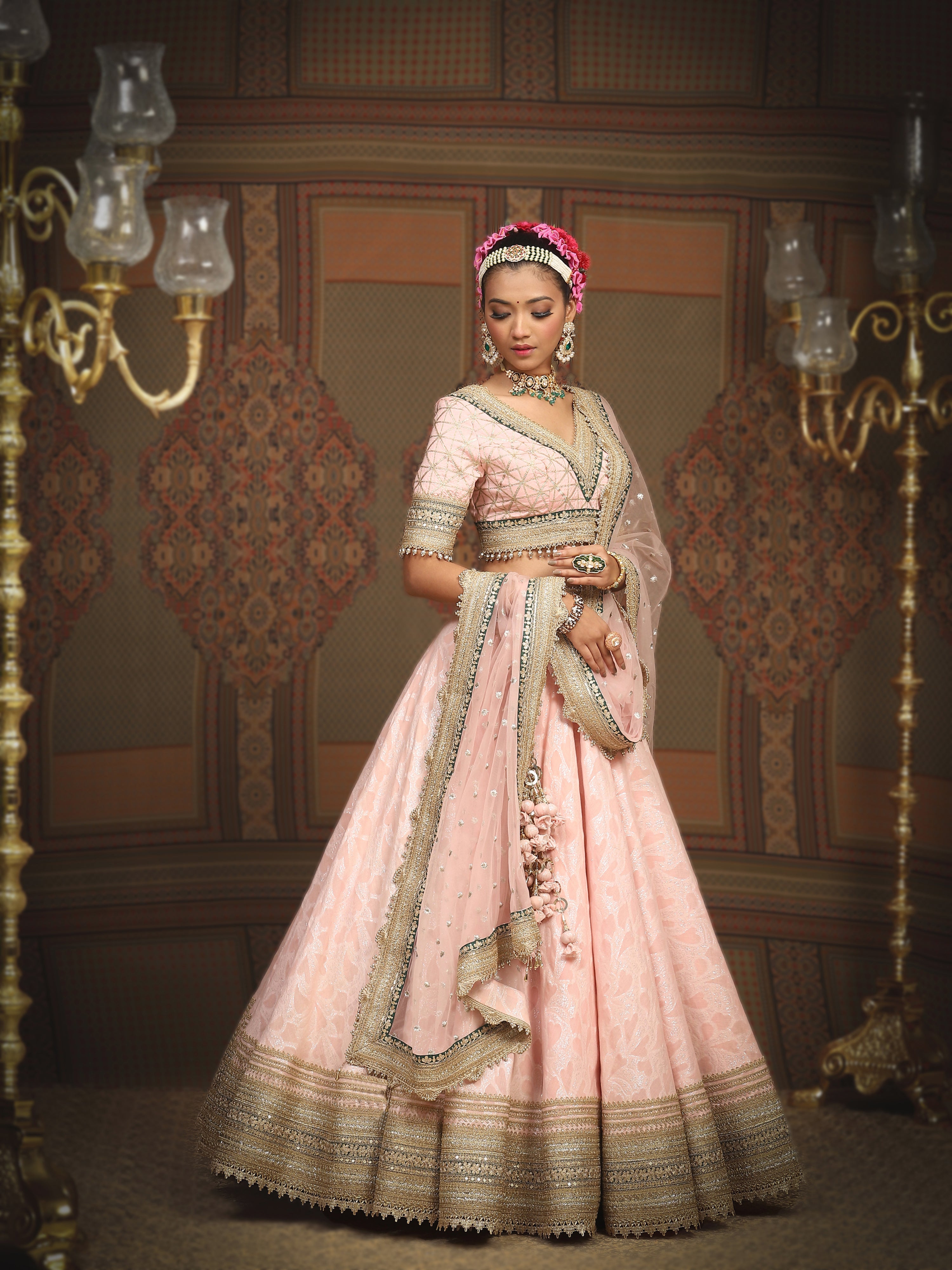 Baby Pink And Emerald Green Lehenga Set