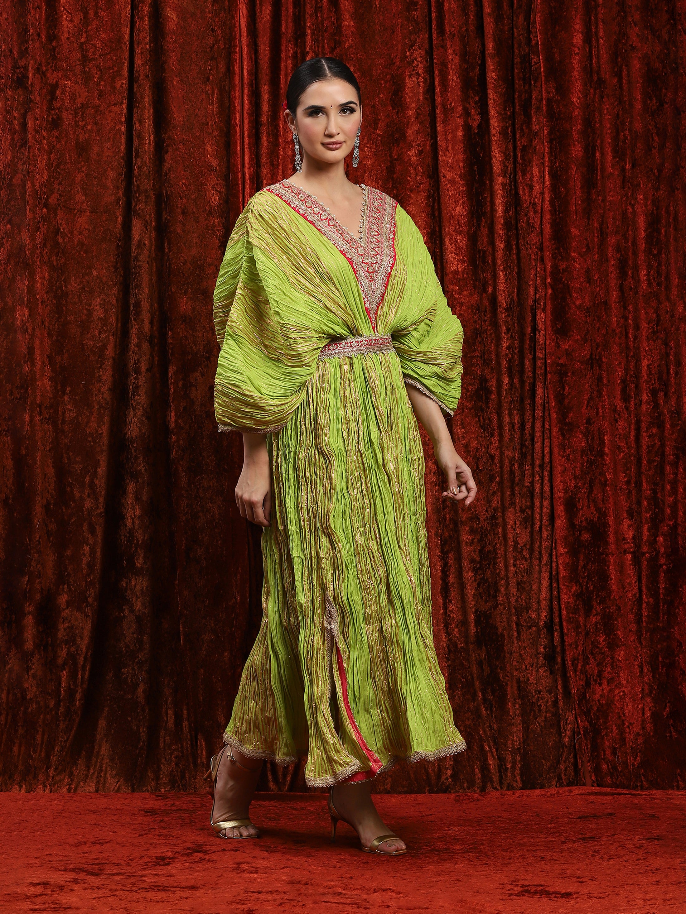 Dark Lomon Green & Rani Pink Crinkle Kaftan & Belt Set