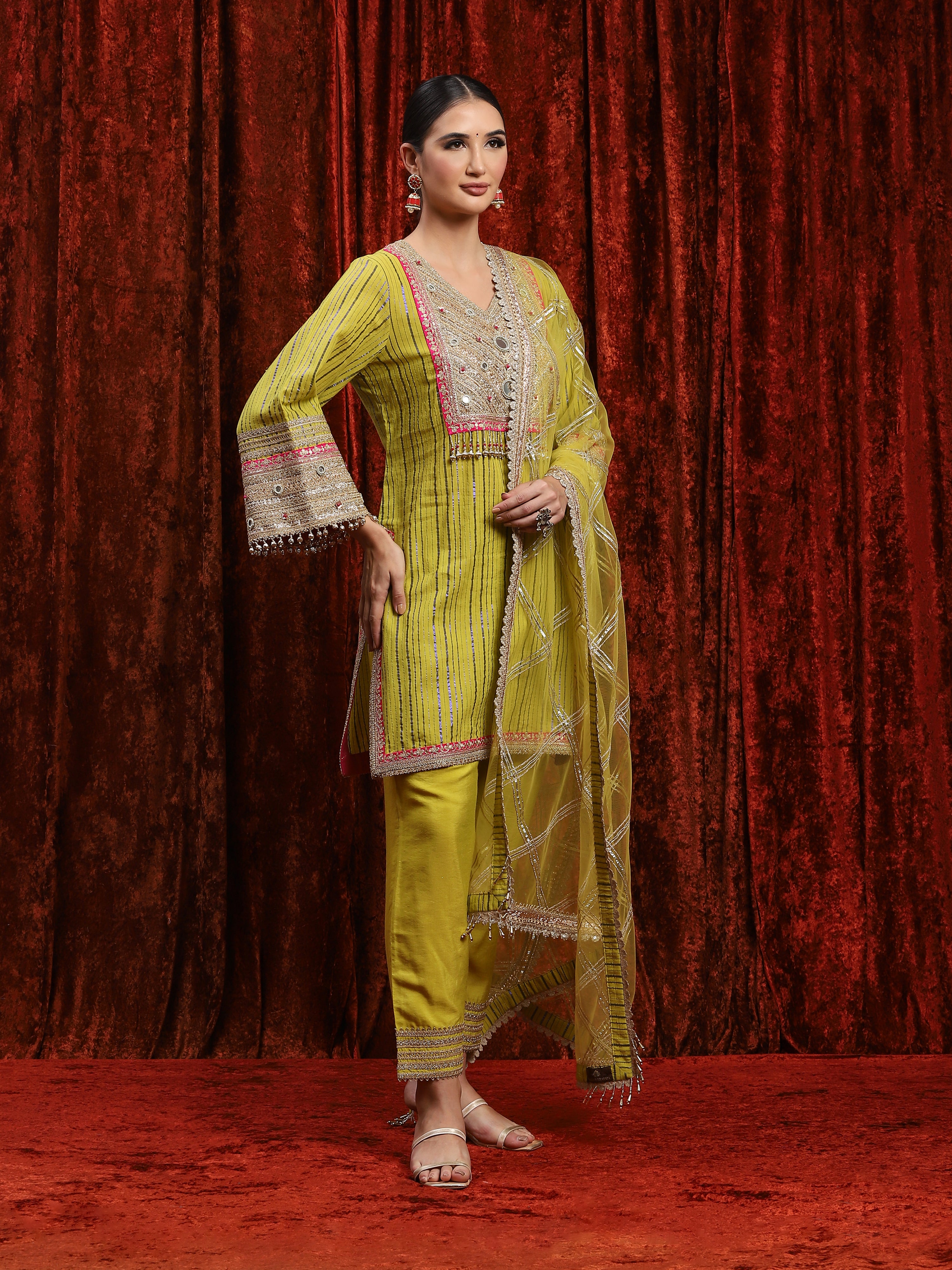 Lemon green & rani pink Kurta Pant Dupatta Set