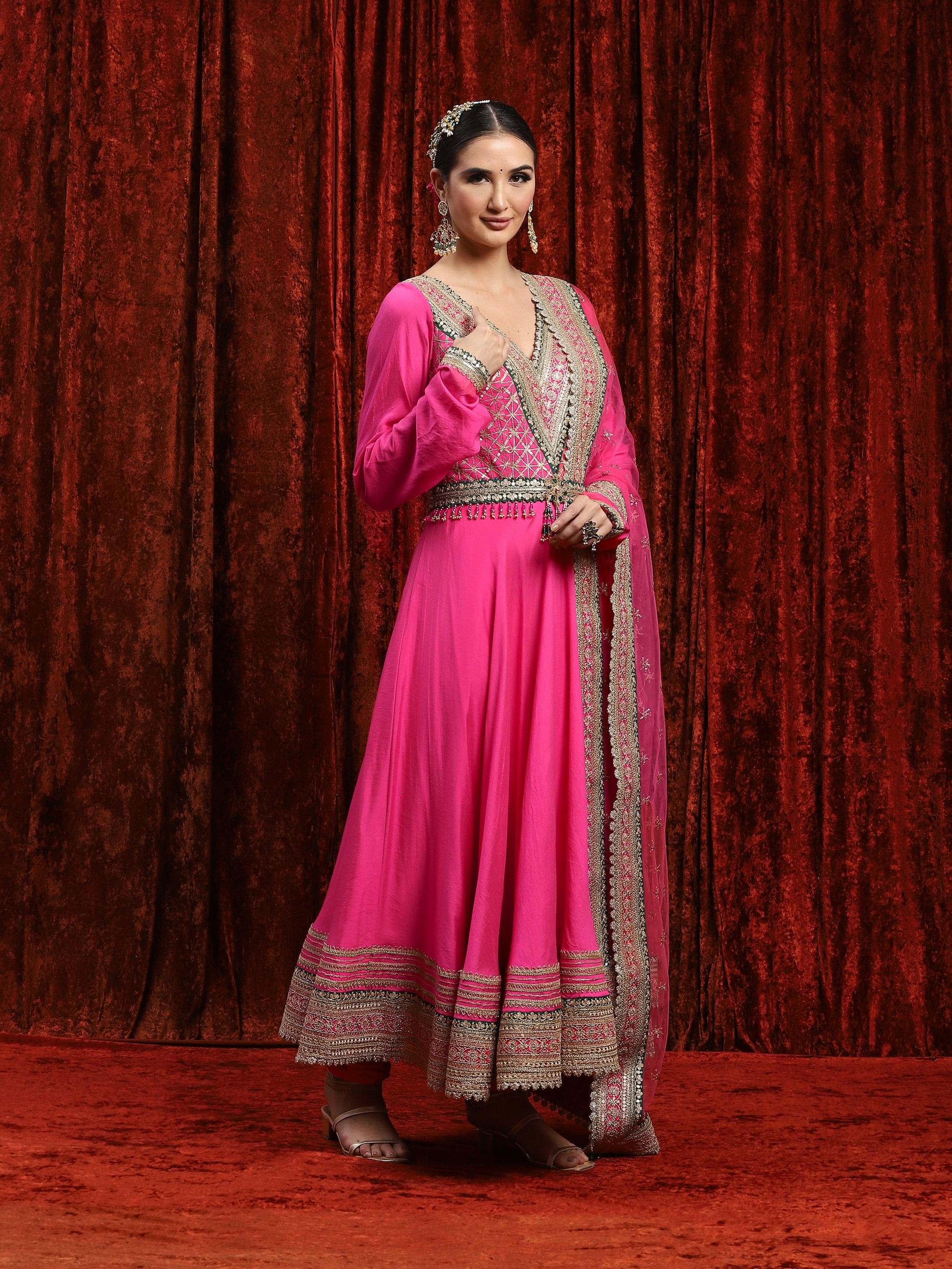 Kush Pink & Green Silk Chanderi Anarkali Suit