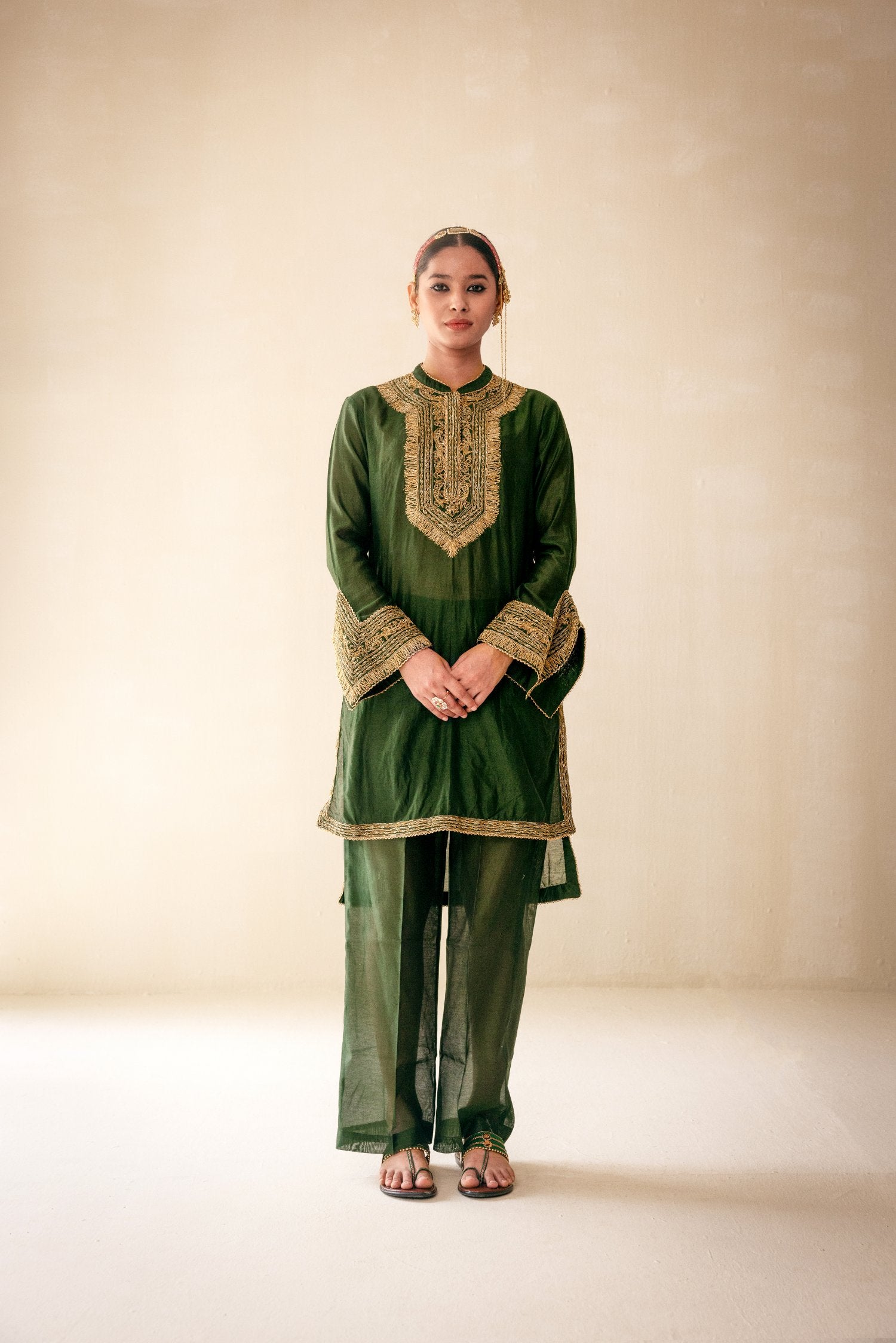 Green High Low Kurta Set