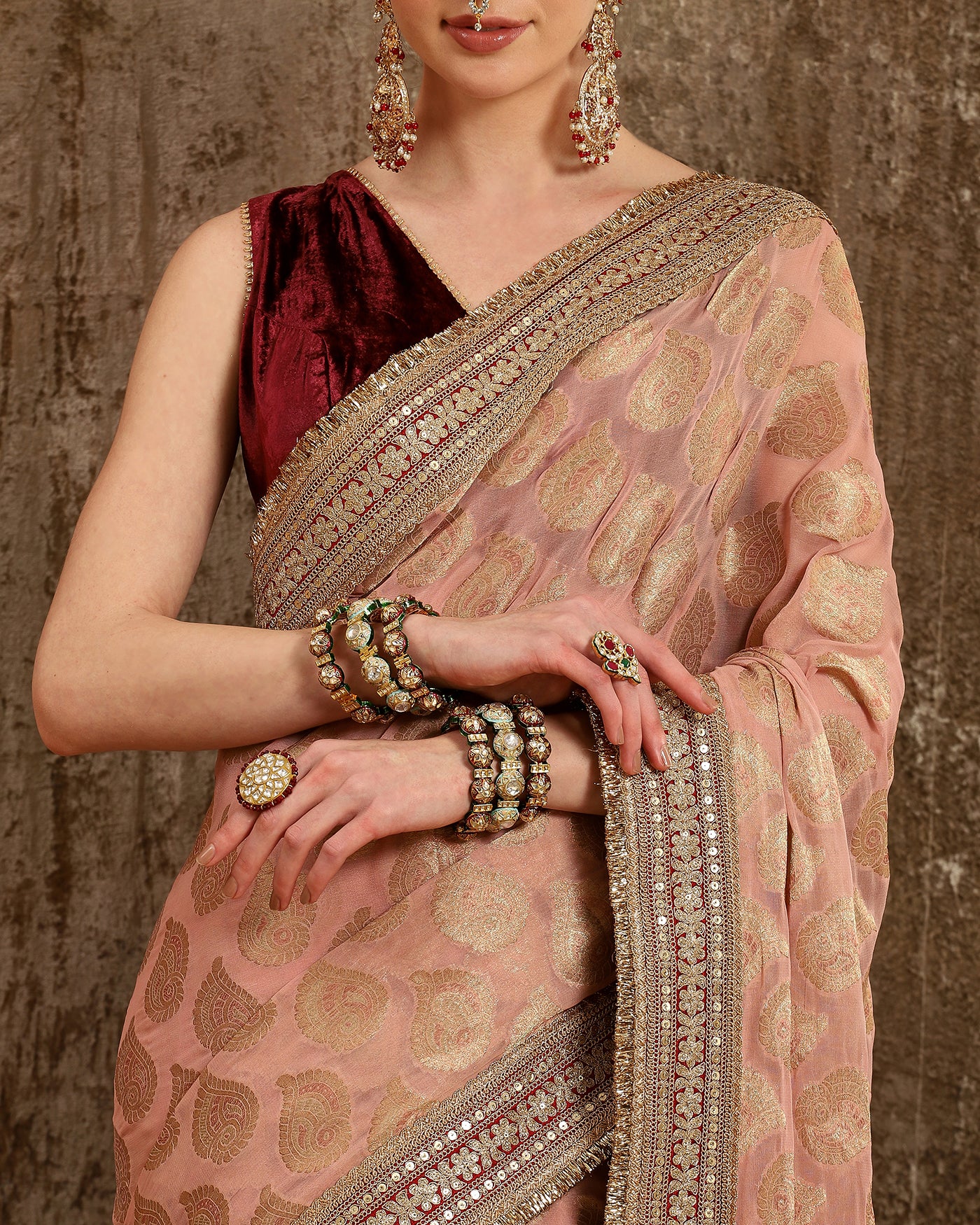 Pink & Wine Saree & Blouse Set