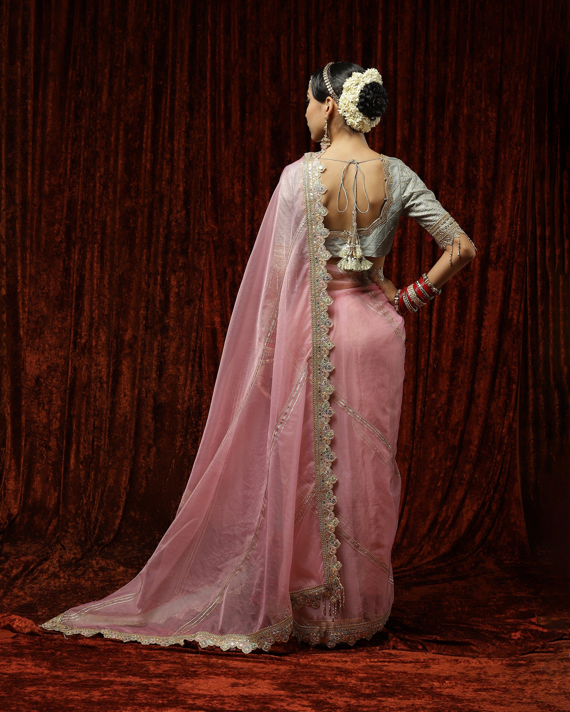 Pink & Gray Saree & Blouse Set