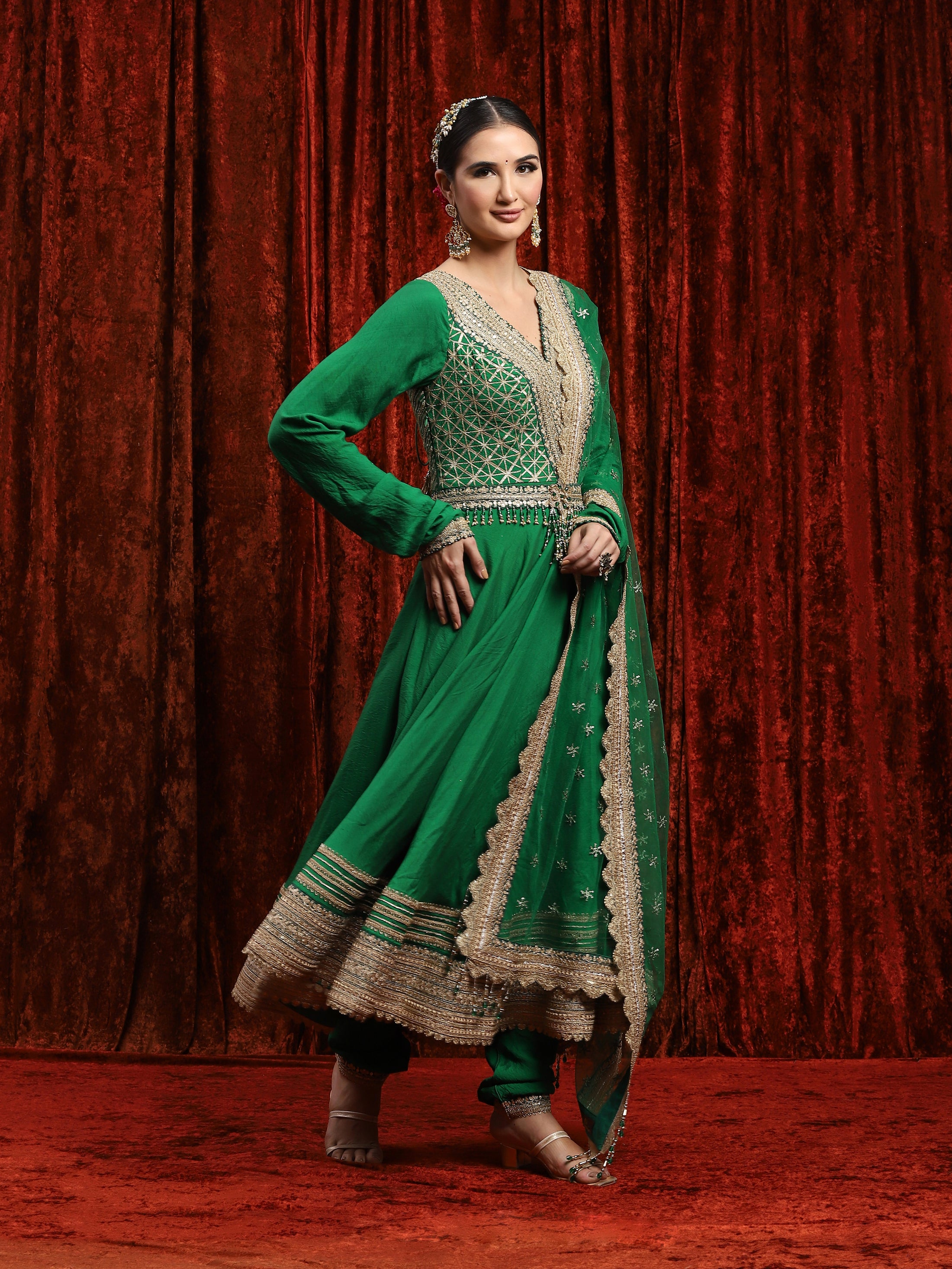 Emerald Green Silk Chanderi Anarkali Suit