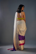 Load image into Gallery viewer, Hot Pink ,Purple And Light Gold Block Saree In Tissue Wih Lime Green Embroidered Blouse
