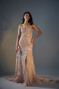 Load image into Gallery viewer, Rose Gold 3D Embroidered Trail Gown With Slit
