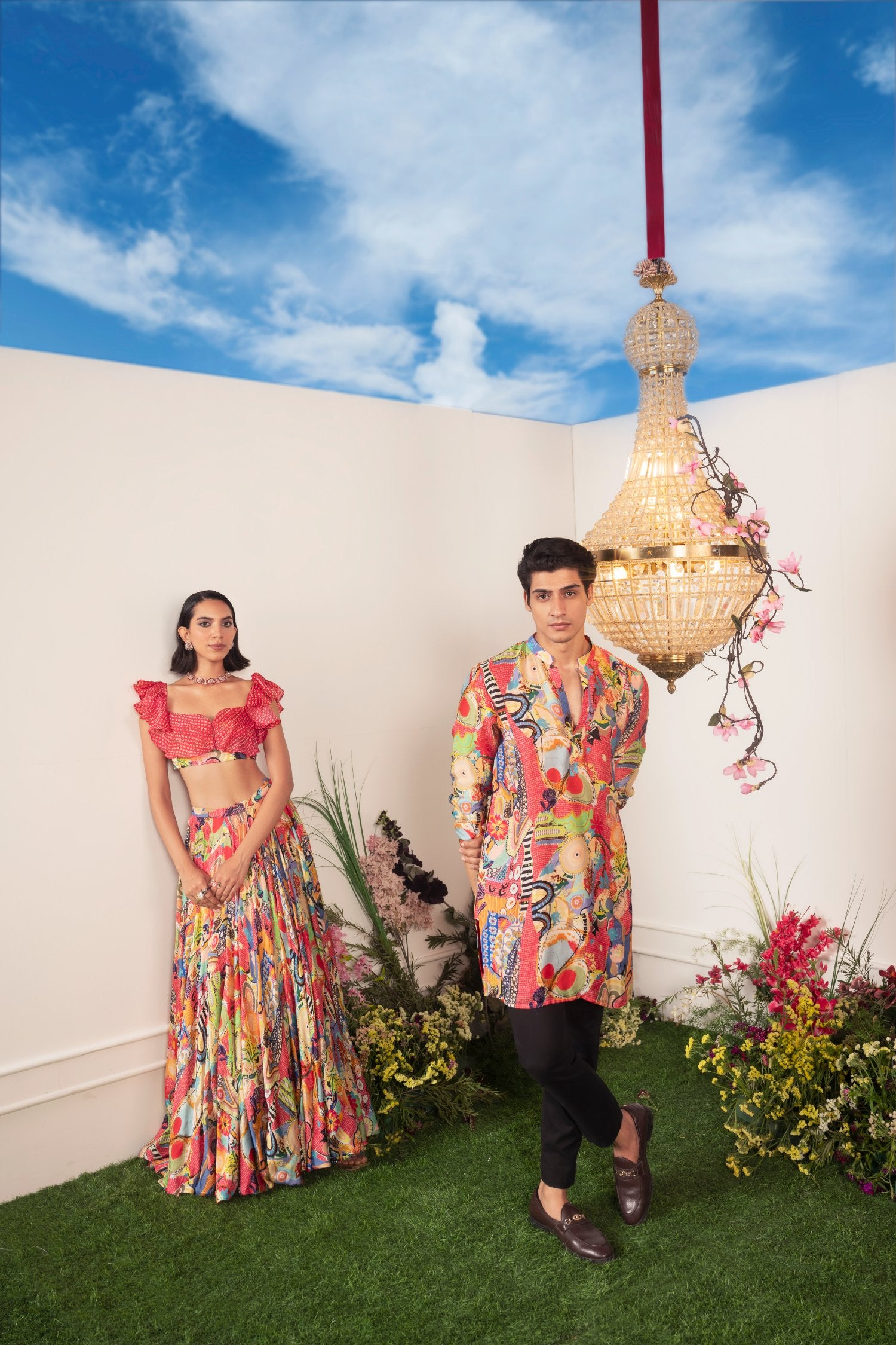 Lehenga Paired With Ruffle Coral Blouse