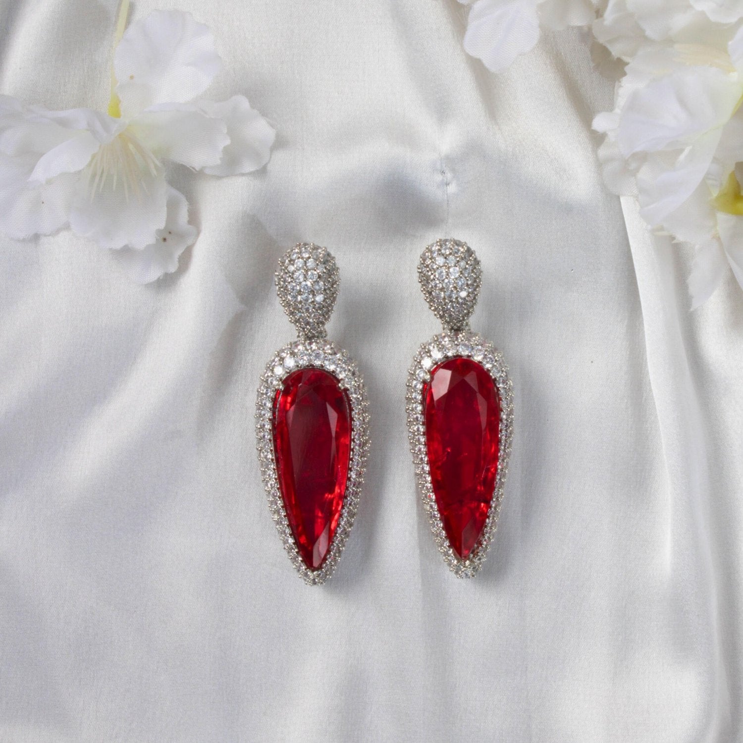 Red Teardrop and Zircon Studded Earrings