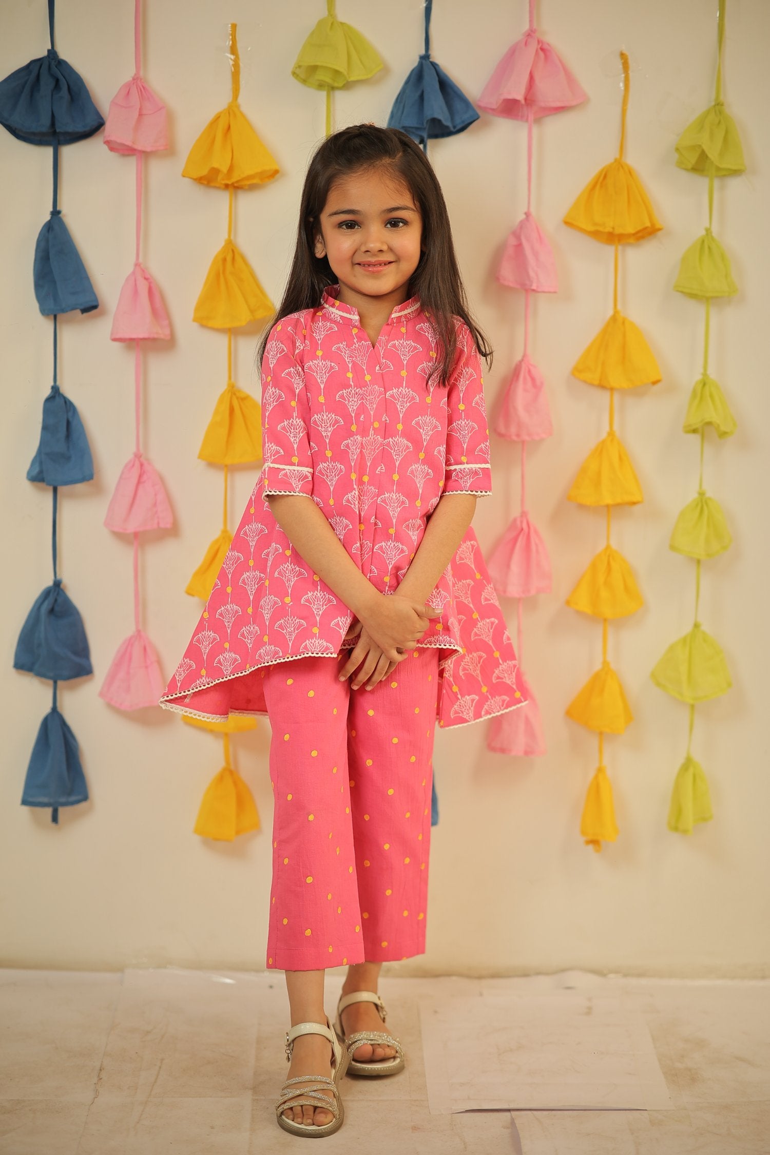 Pink Block Printed High-Low Kurta Set