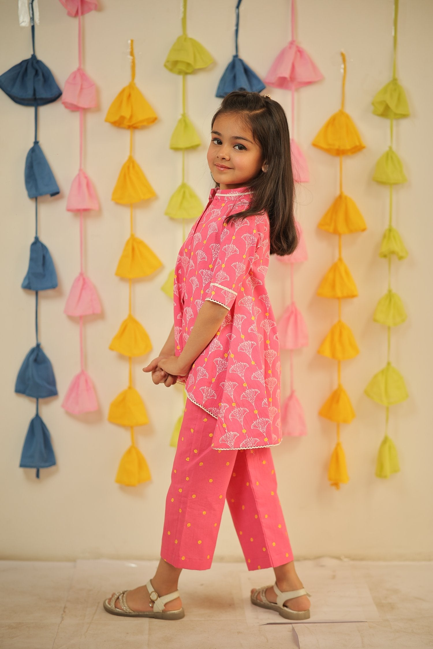 Pink Block Printed High-Low Kurta Set