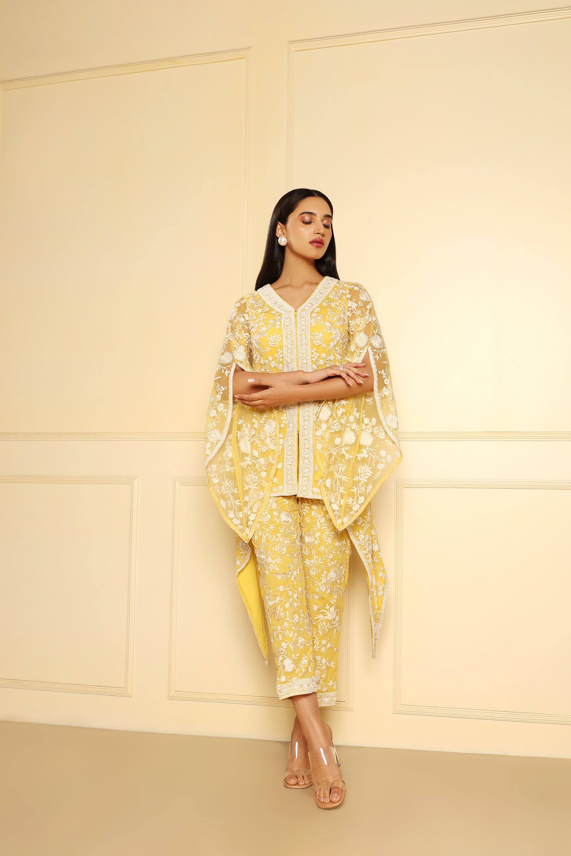 Yellow And Ivory Resham Embroidery Coord Set