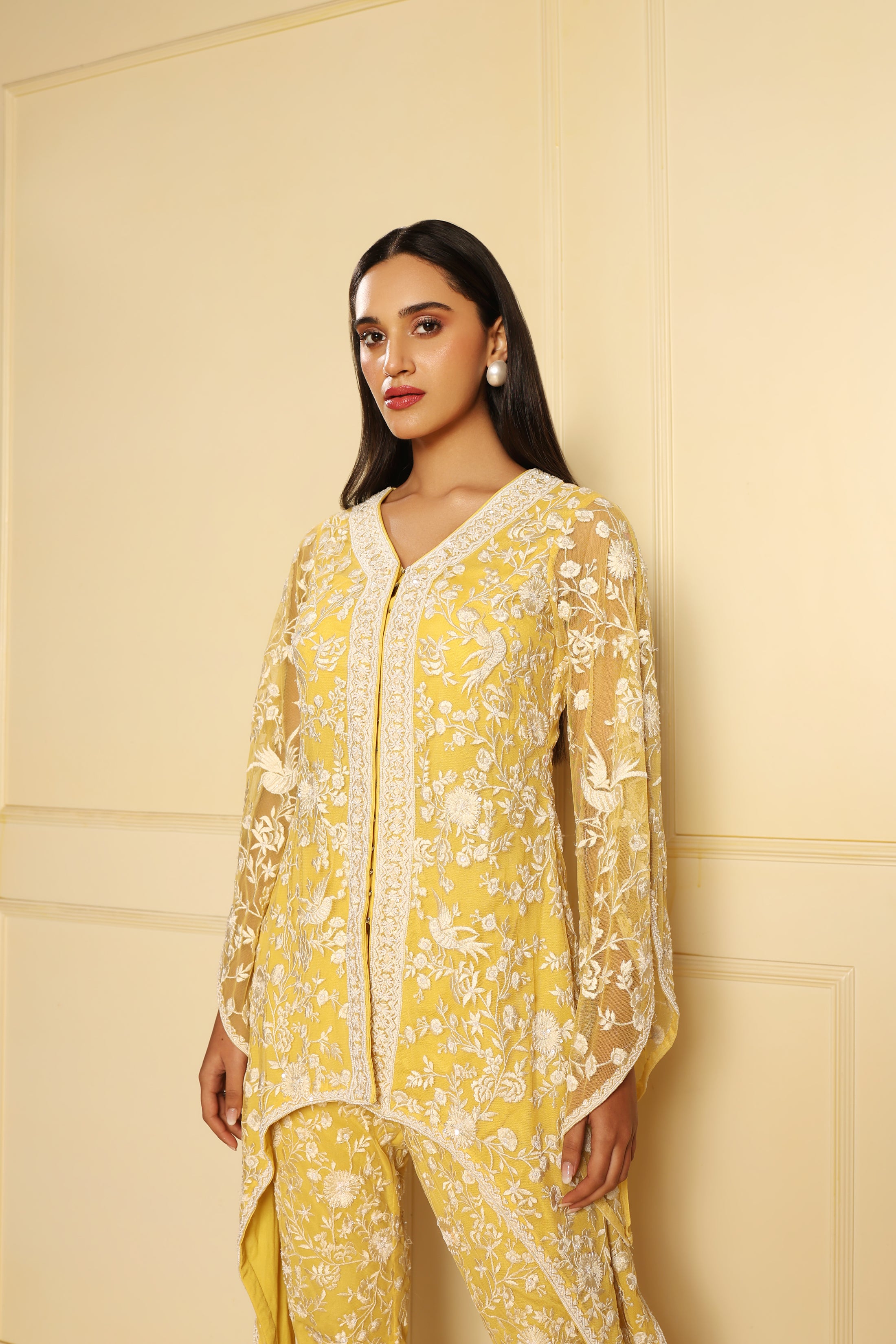 Yellow And Ivory Resham Embroidery Coord Set