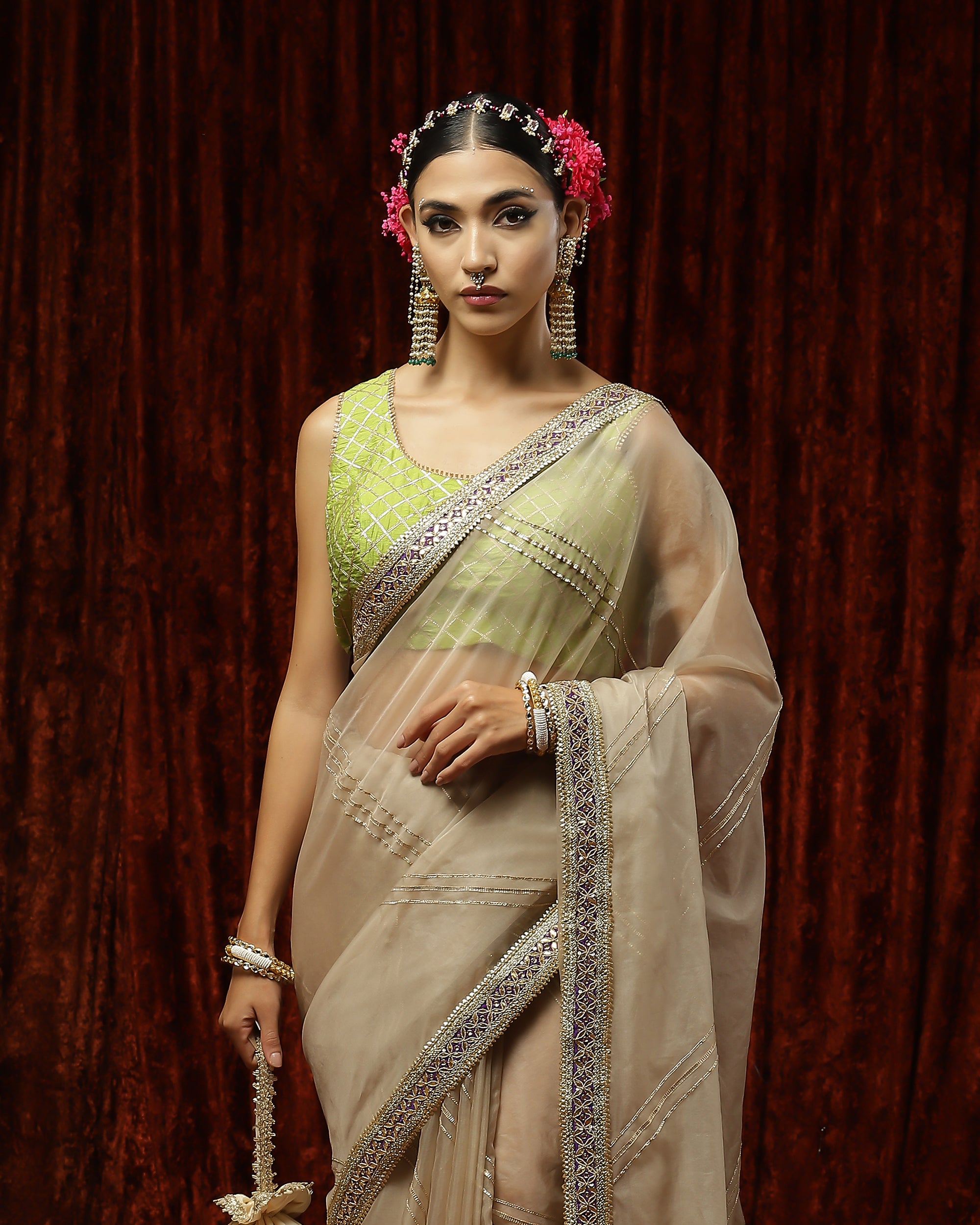 Mouse, Lemon Green & Purple Saree & Blouse Set