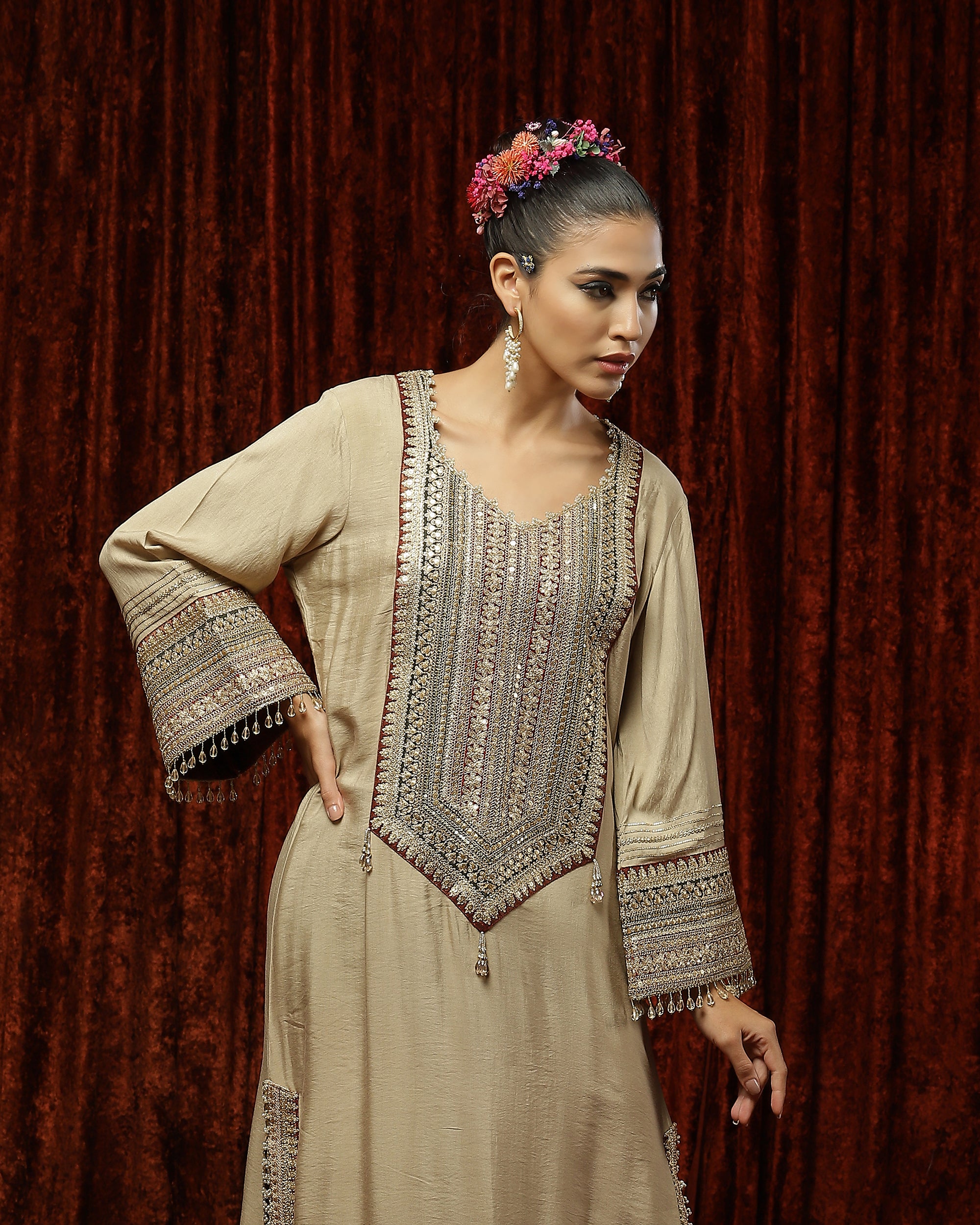 Light Gold, Maroon & Mehandi Green Kurta Kaftan