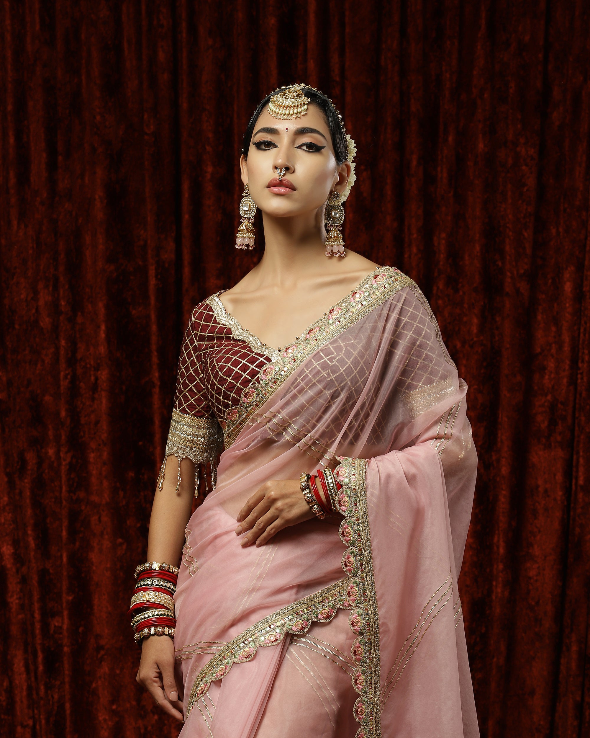 Old Rose & Maroon Saree & Blouse Set