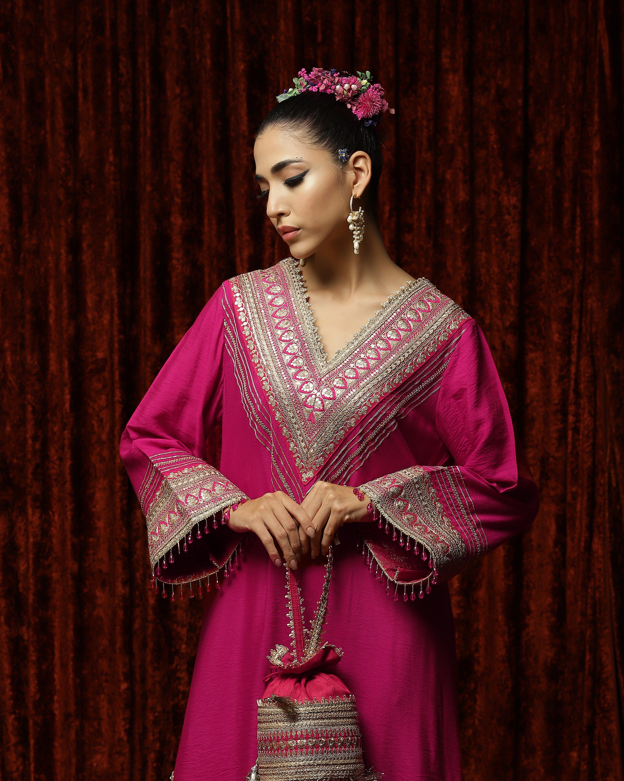 Rani Pink & Red Kurta Kaftan