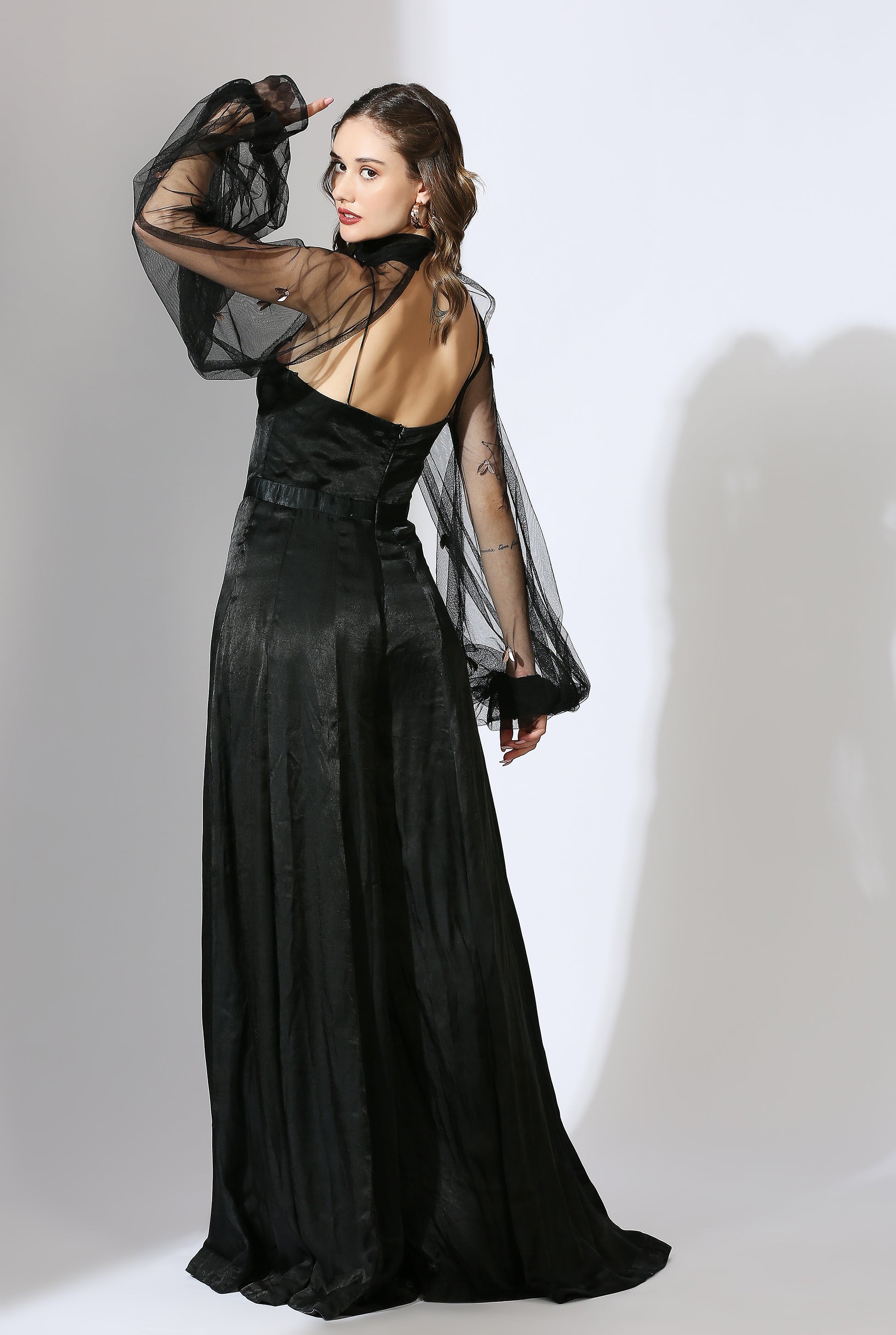 Black Jumpsuit With Embroidered Net Poofy Sleeves